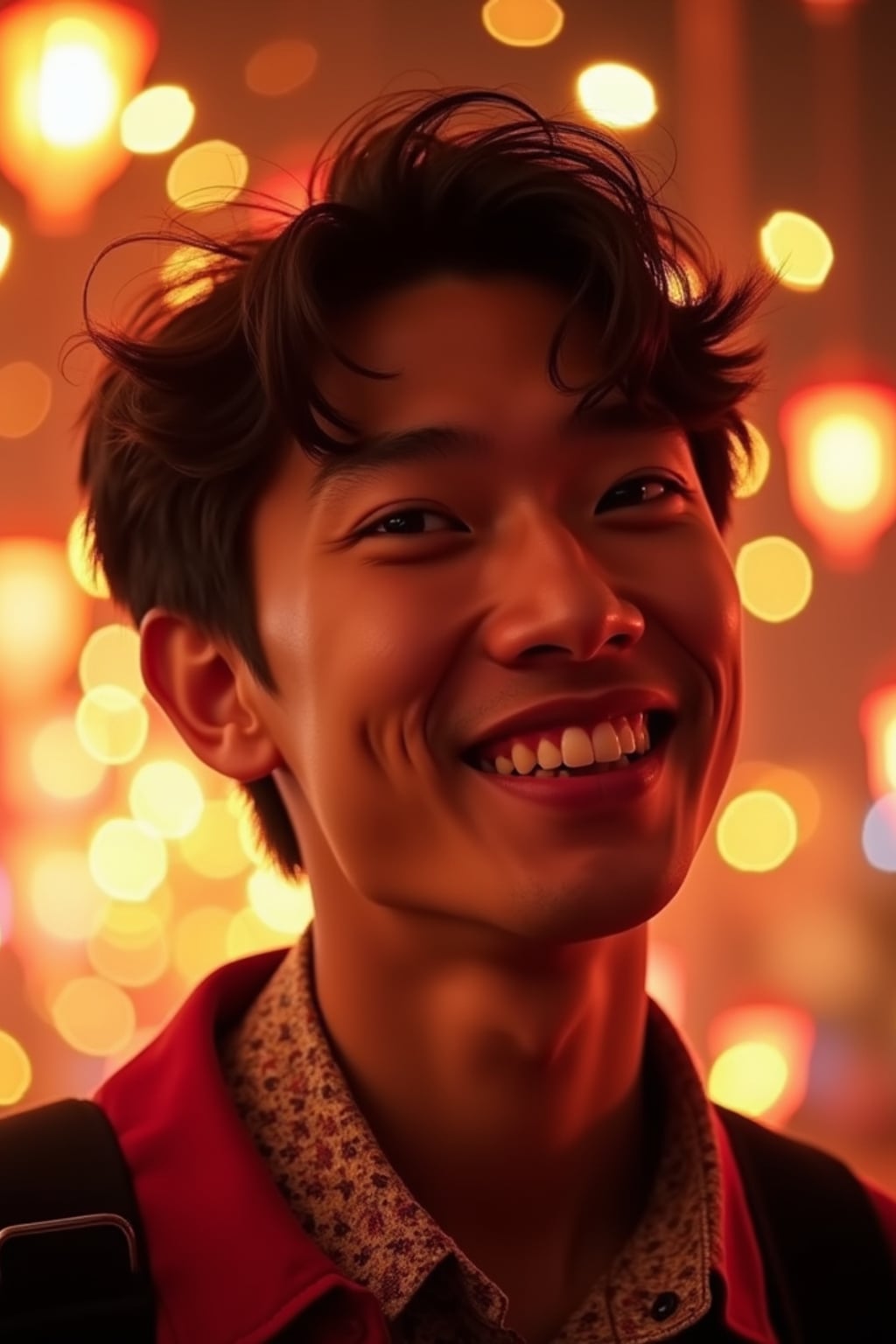 a man with  face with a joyful expression amid festival lights, capturing the miracle of light that defines this important holiday