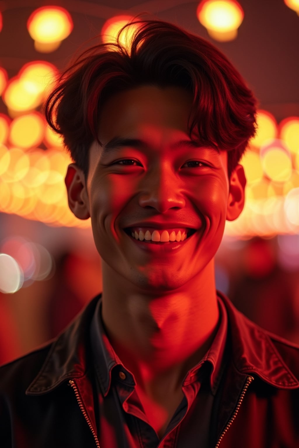 a man with  face with a joyful expression amid festival lights, capturing the miracle of light that defines this important holiday