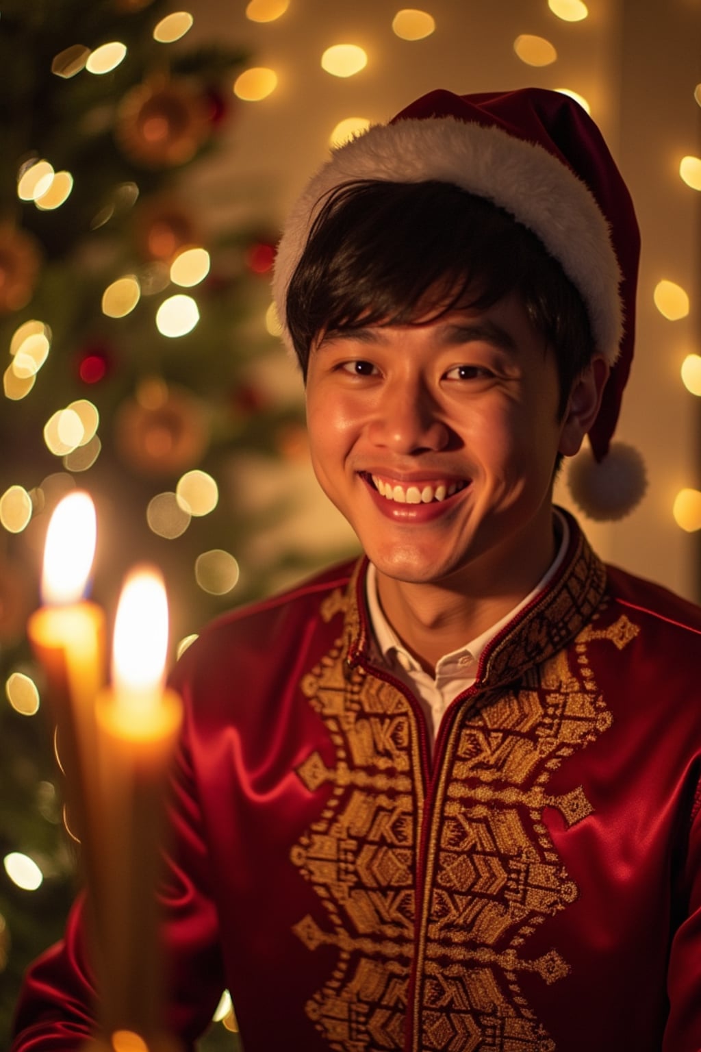 a man in  traditional holiday clothes, capturing their joyful energy during Hanukkah celebrations, with dreidels and gelt decorations
