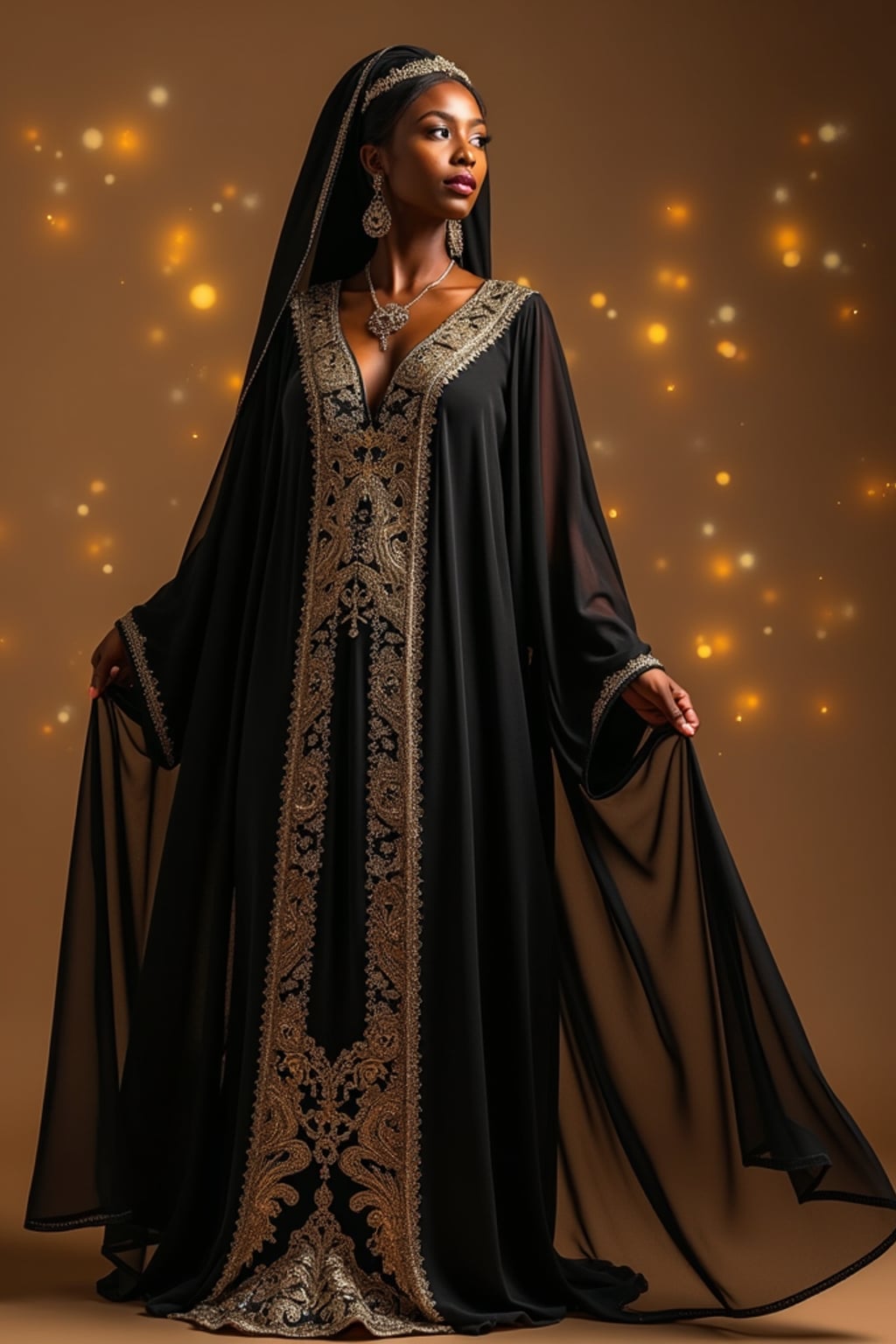a woman in a flowing abaya with subtle sparkles , striking a pose with beautiful Eid decorations casting intricate light patterns