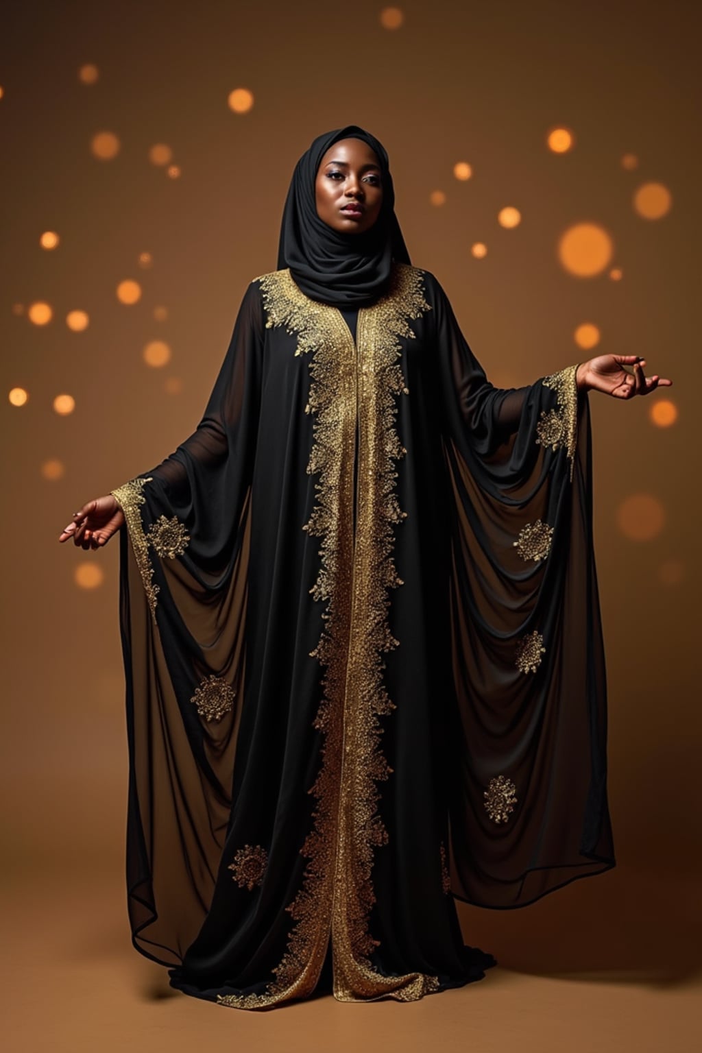 a woman in a flowing abaya with subtle sparkles , striking a pose with beautiful Eid decorations casting intricate light patterns