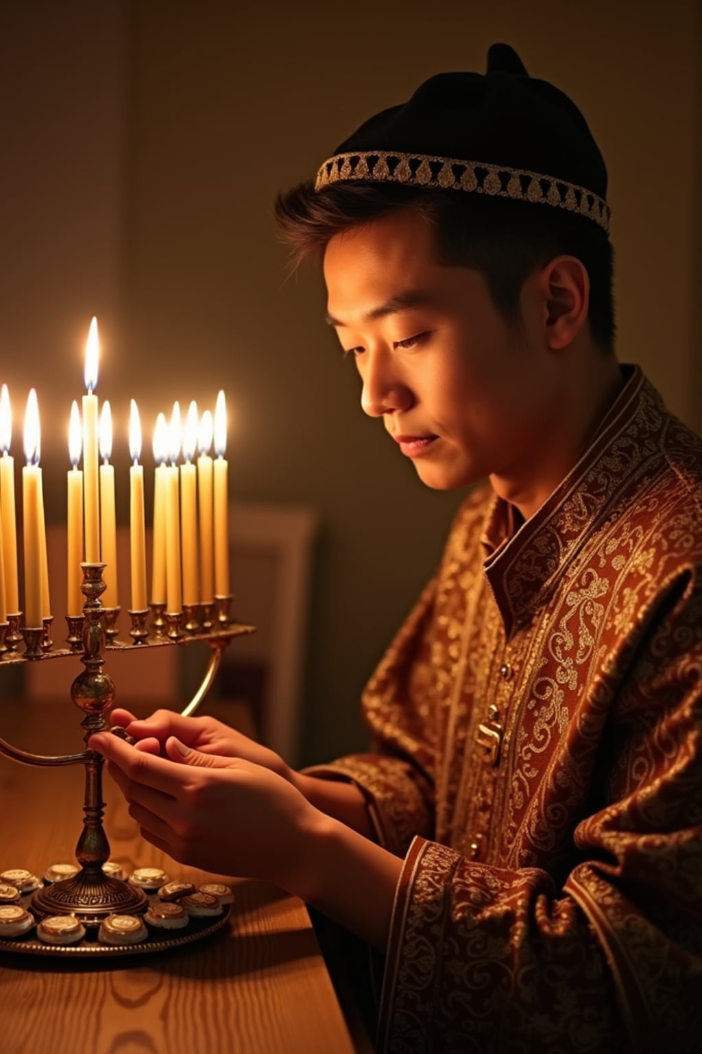 a man in traditional attire during Hanukkah, sharing  gelt chocolate coins with guests, capturing the generous and family-oriented spirit of the Festival of Lights