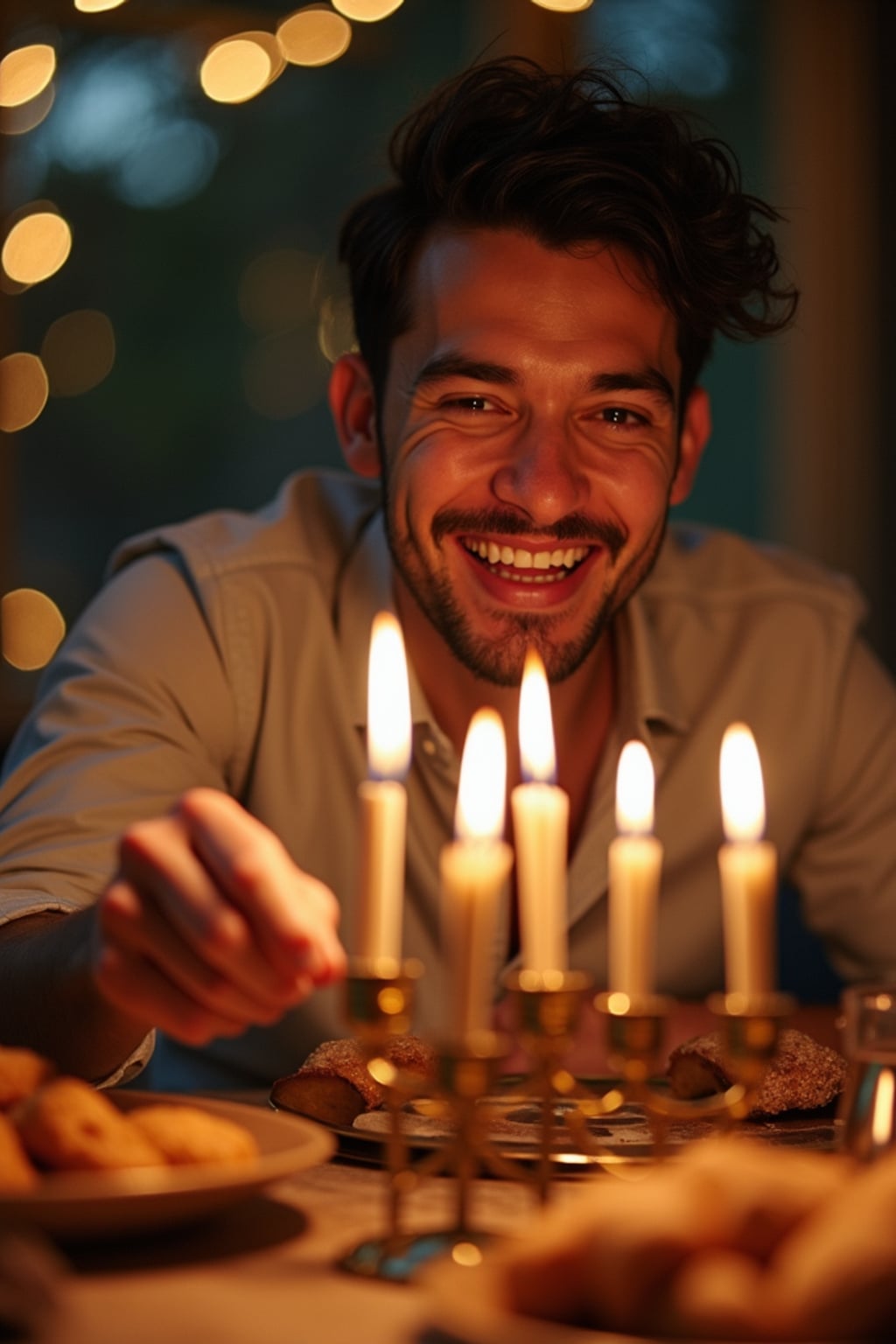 a man enjoying Hanukkah festivities in the evening, surrounded by  friends lighting the menorah, with a table full of traditional foods like latkes and sufganiyot