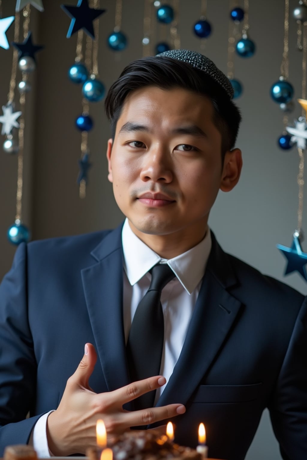 a stunning man with  a kippah and formal outfit, capturing the essence of Hanukkah traditions in a room decorated with Stars of David and blue and silver ornaments
