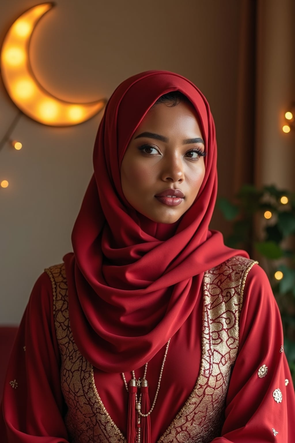 a stunning woman with an elegantly styled hijab and modest festive attire , capturing the essence of Eid traditions in a room decorated with crescent moons and stars