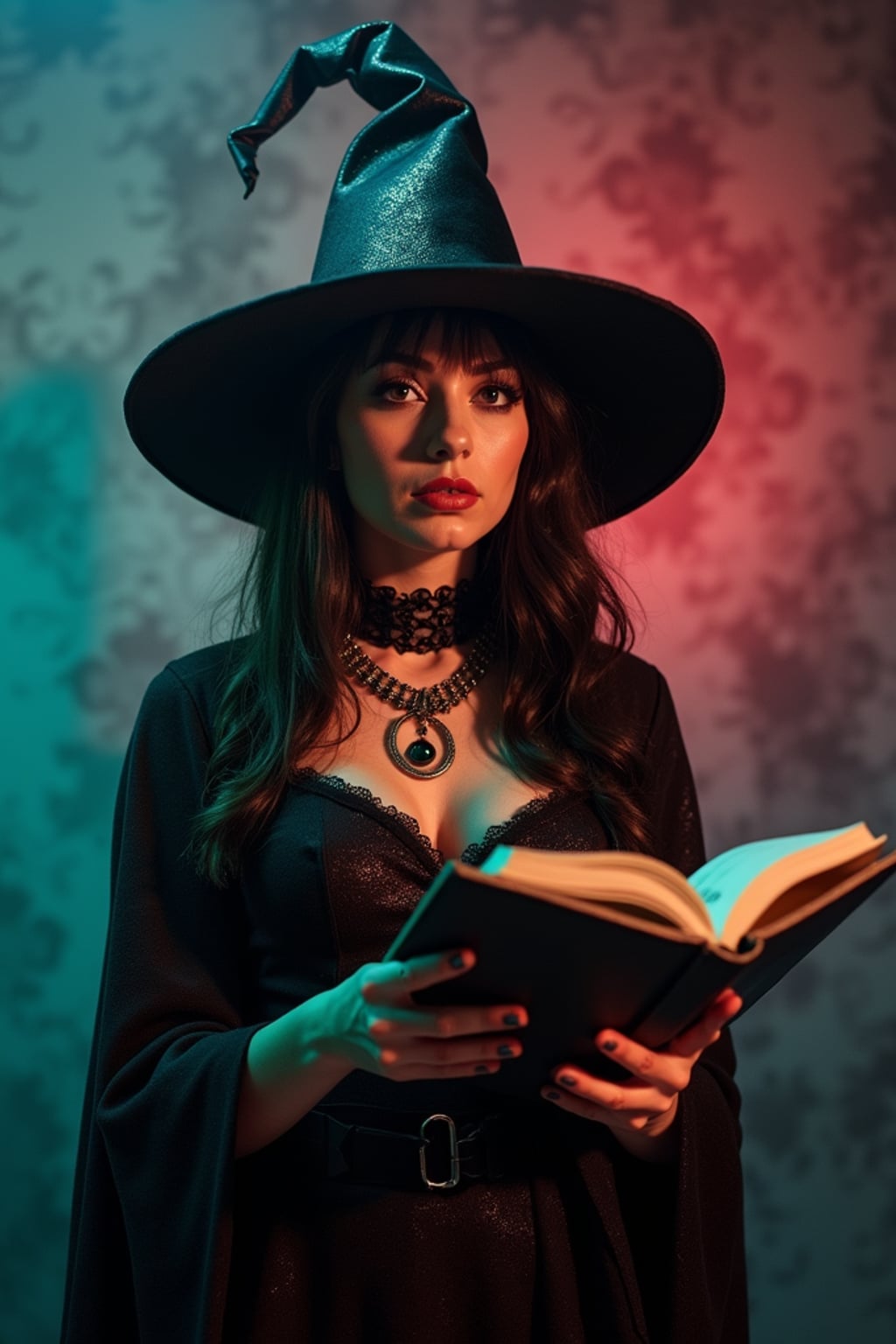 cosplayer woman in a Halloween-themed cosplay, haunted house backdrop, wearing a gothic witch outfit with a spellbook , spooky lighting and props