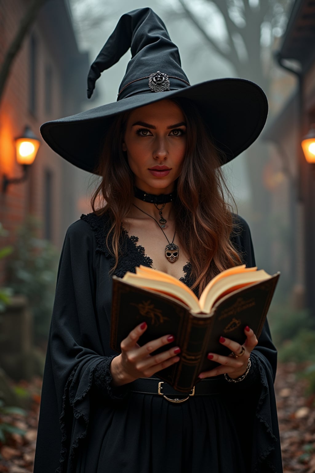 cosplayer woman in a Halloween-themed cosplay, haunted house backdrop, wearing a gothic witch outfit with a spellbook , spooky lighting and props