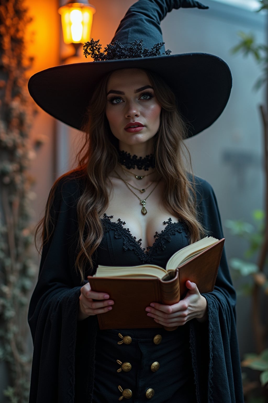 cosplayer woman in a Halloween-themed cosplay, haunted house backdrop, wearing a gothic witch outfit with a spellbook , spooky lighting and props