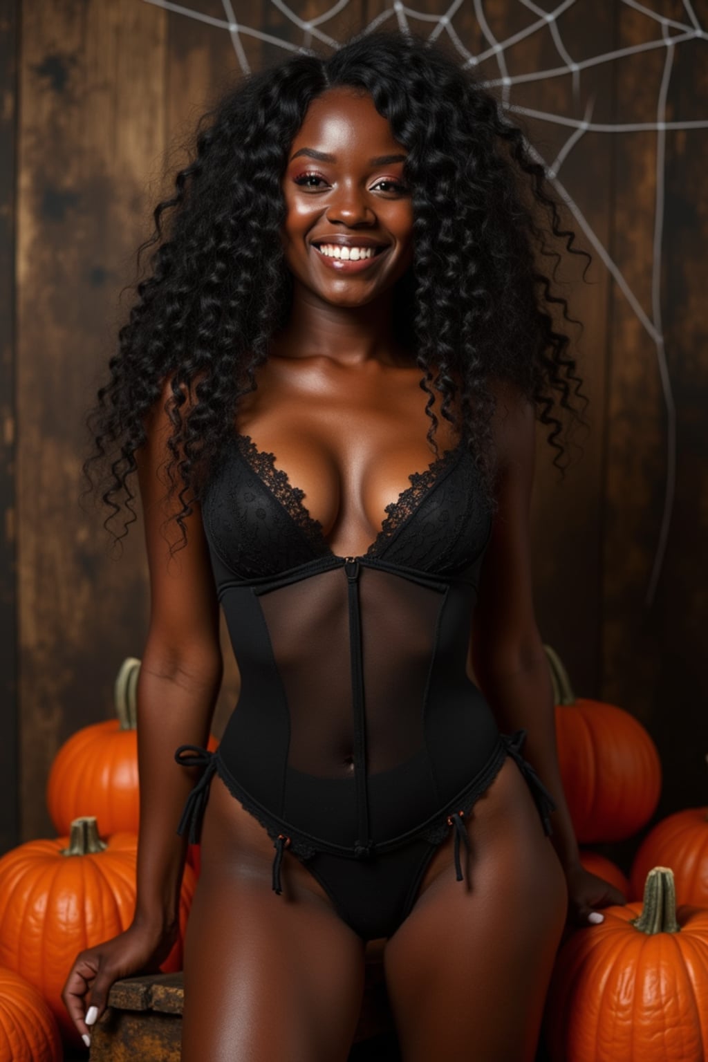 woman wearing (naughty halloween) (sexy halloween costume) (lingerie) (halloween outfit), spooky outfit posing for photo, background is halloween pumpkins and spiderwebs