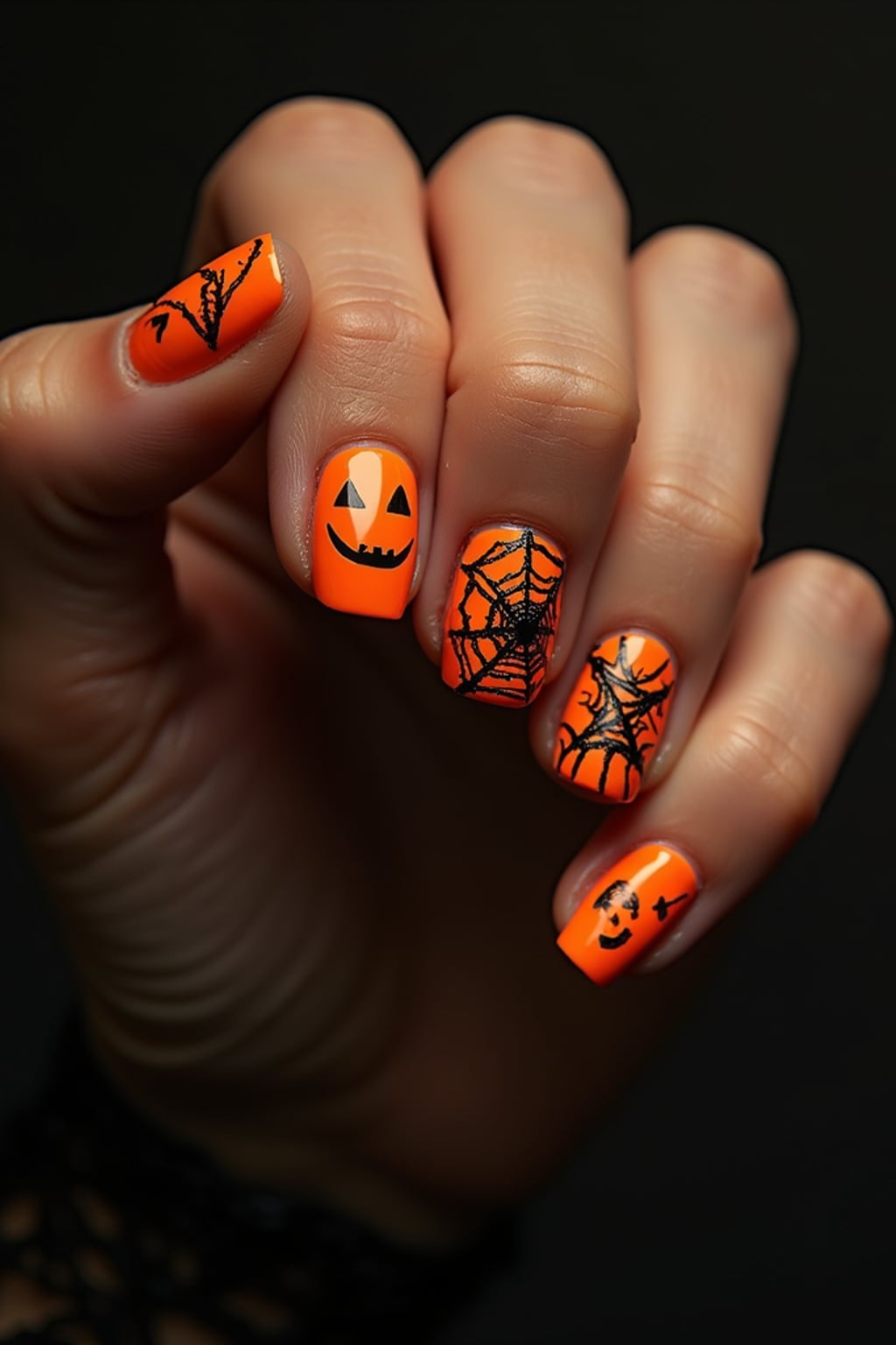 Halloween themed nails with jack-o-lanterns and spider webs, orange and black color scheme, dramatic studio lighting, artistic styling