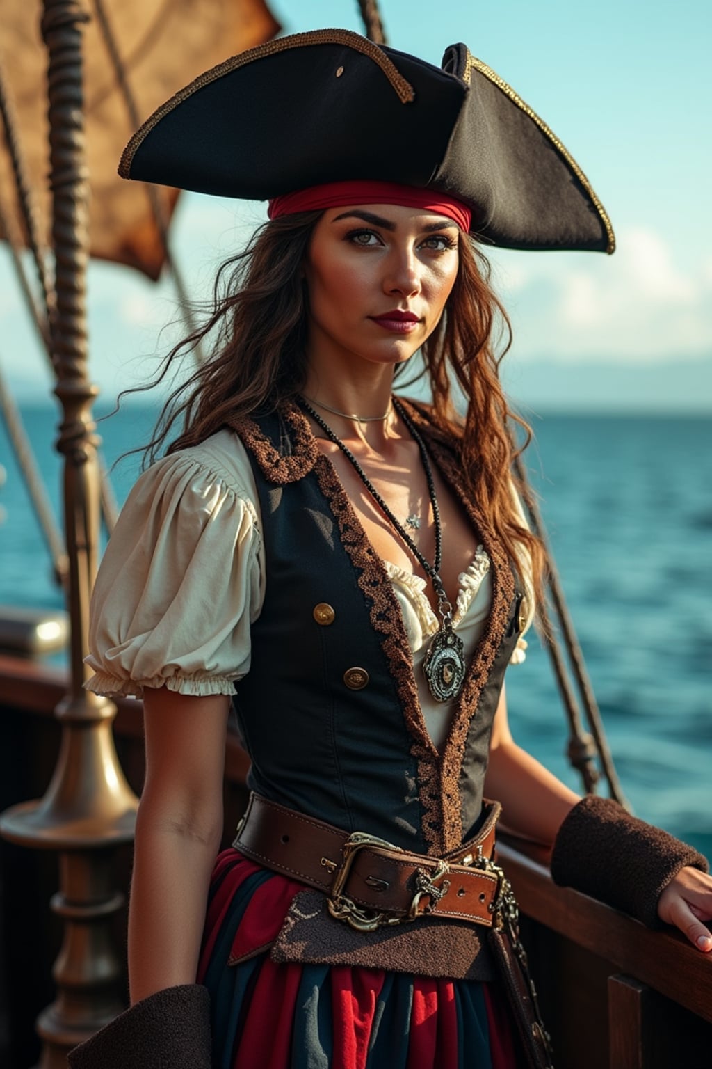 woman as a pirate, on a ship deck set, wearing a daring pirate captain outfit with a tricorne hat and sword , dramatic ocean-themed props