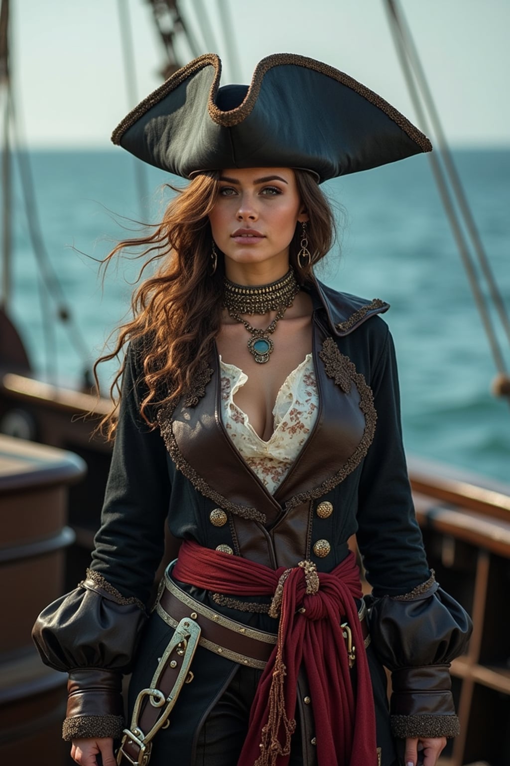 woman as a pirate, on a ship deck set, wearing a daring pirate captain outfit with a tricorne hat and sword , dramatic ocean-themed props