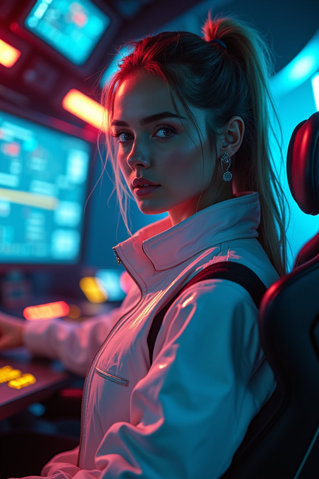 woman as a mech pilot, studio setting, wearing a neon-lit tech jumpsuit , dramatic lighting, cockpit background