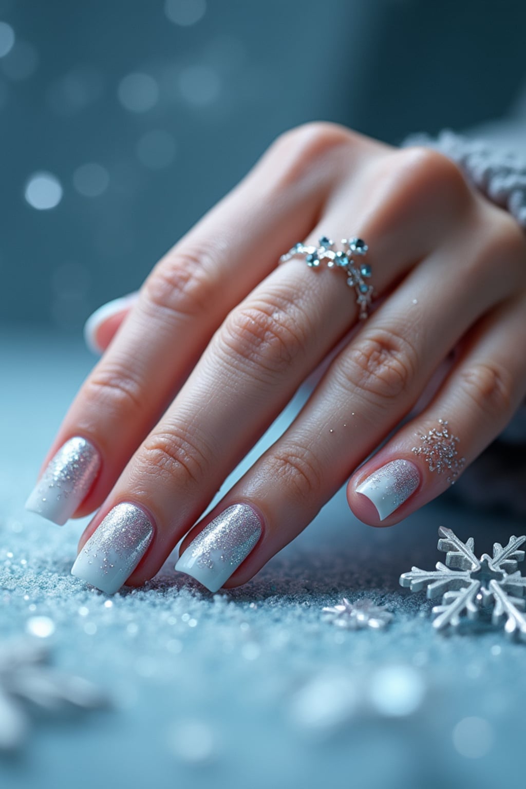 winter wonderland nails with 3D snowflakes and silver glitter, icy blue background, elegant hand posture, dramatic lighting setup