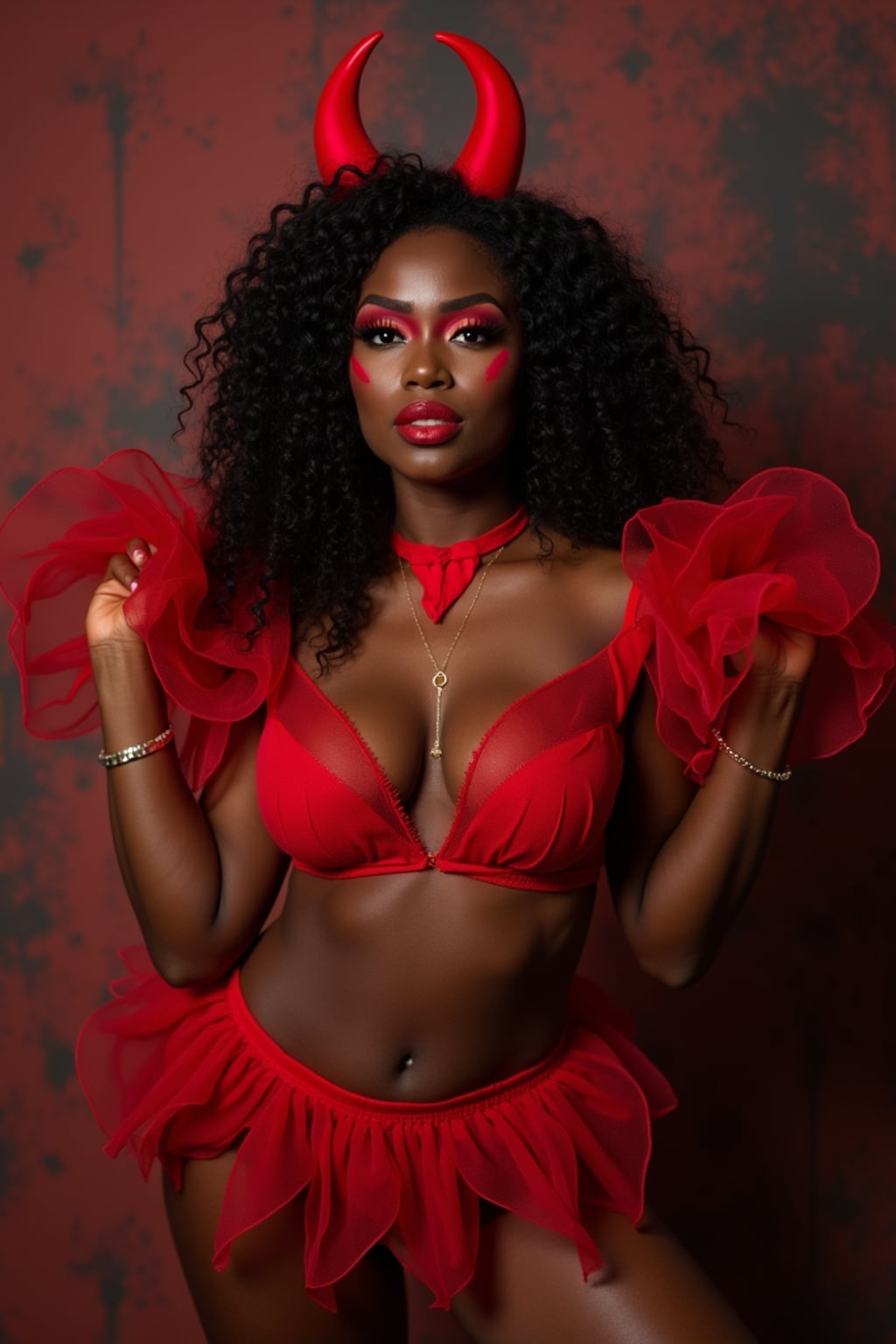 woman wearing (naughty halloween) (sexy halloween costume) red devil outfit posing for photo