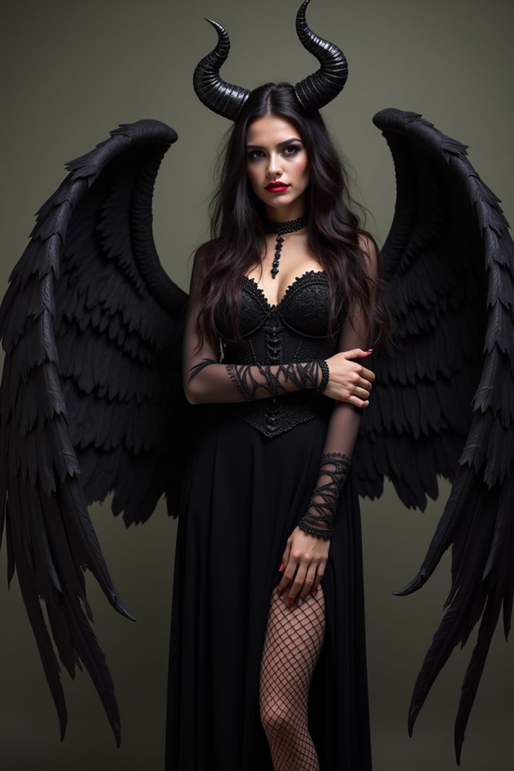 a woman dressed as an angel poses for a picture, dark angel, angel knight gothic girl, dark gothic dress, very sexy devil outfit, full body devil woman, gothic woman dressed in black and red, megan fox witch queen, raven winged female vampire, villainess has black angel wings, gothic outfit, tall female angel, gothic dress, fallen angel, winged woman angel, fishnet stockings