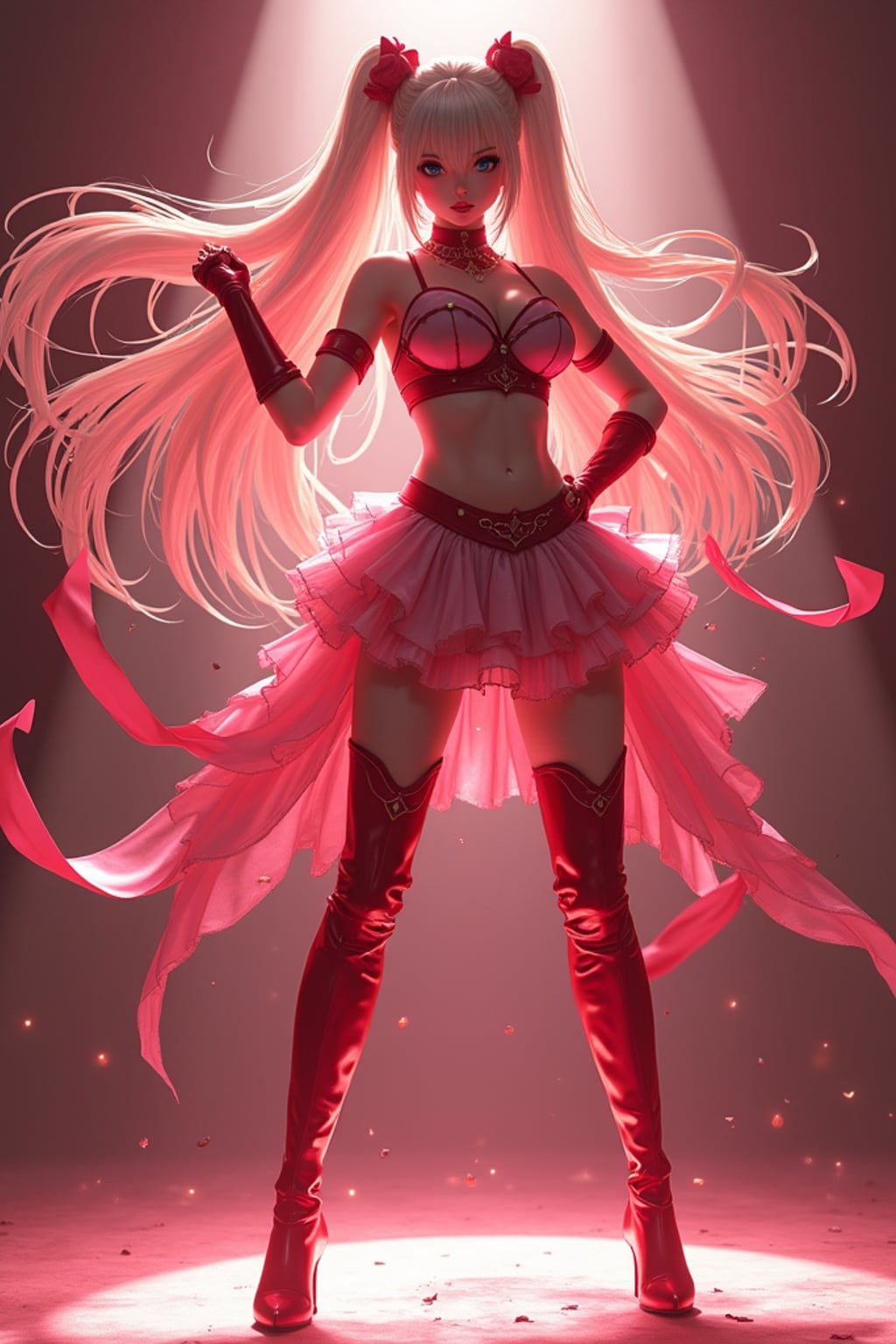 woman as anime hero, studio lights, wearing a magical girl outfit with flowing ribbons and knee-high boots , dramatic lighting, posing in a power stance