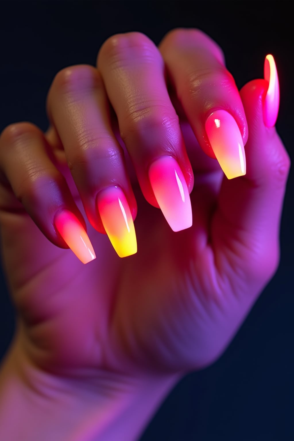 neon ombré coffin nails, vibrant color gradient, high saturation studio lighting, trendy and bold hand styling, beauty editorial quality