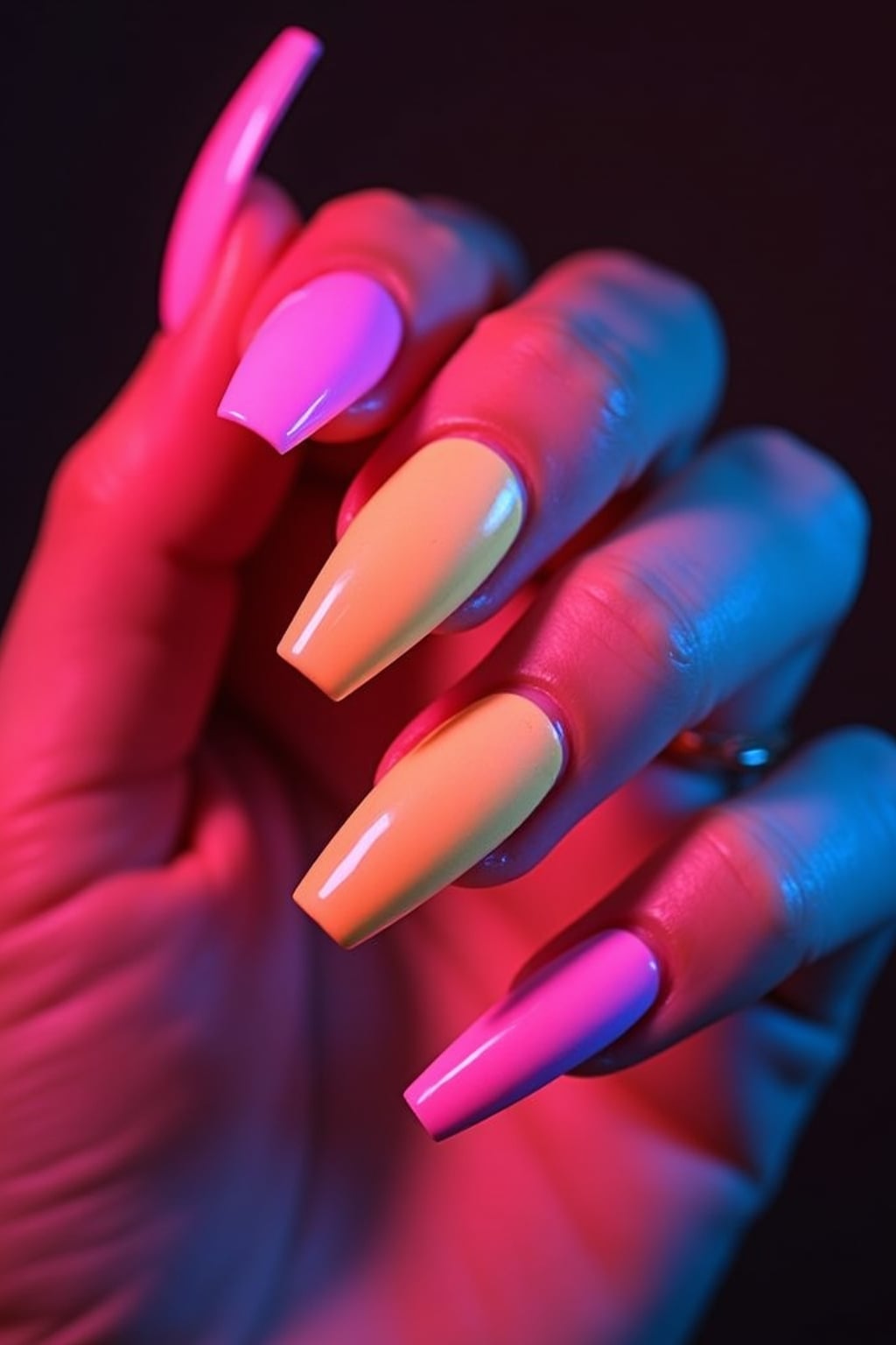 neon ombré coffin nails, vibrant color gradient, high saturation studio lighting, trendy and bold hand styling, beauty editorial quality