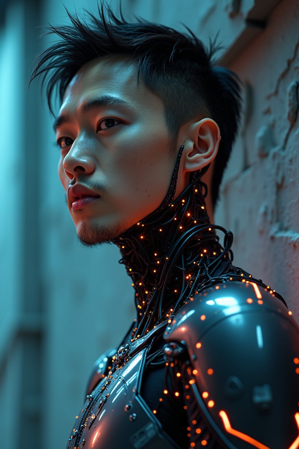 man as a futuristic AI, studio setup, wearing  a robotic exoskeleton with glowing circuits, sci-fi lighting and digital effects