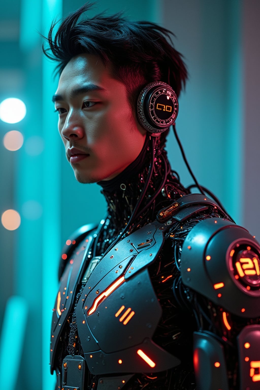 man as a futuristic AI, studio setup, wearing  a robotic exoskeleton with glowing circuits, sci-fi lighting and digital effects