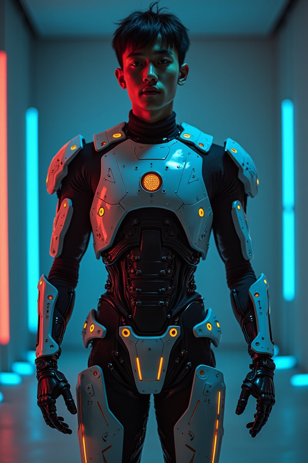 man as a futuristic AI, studio setup, wearing  a robotic exoskeleton with glowing circuits, sci-fi lighting and digital effects