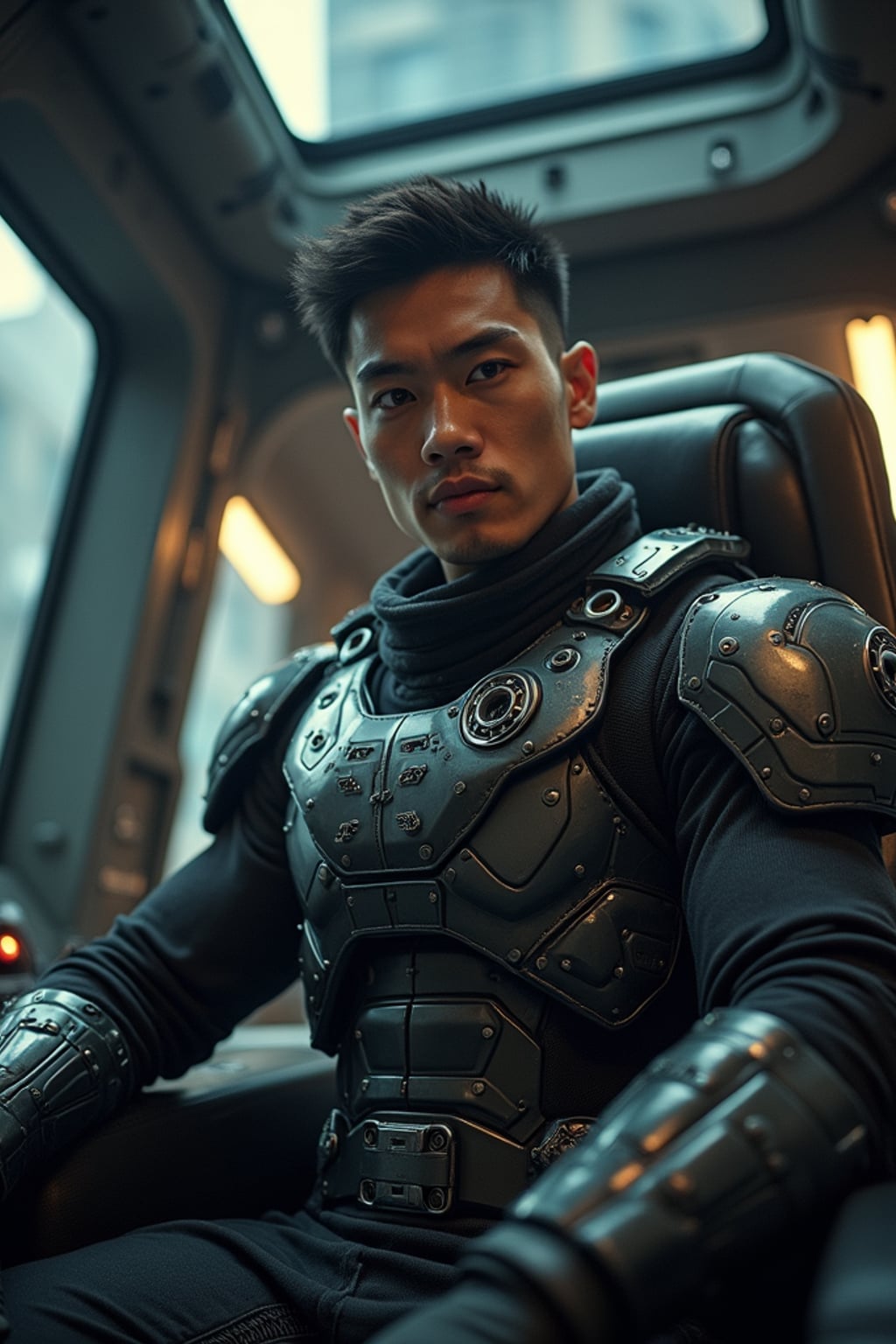 man as a mech pilot, studio setting, wearing  a rugged tactical suit with armor plates, dramatic lighting, cockpit background