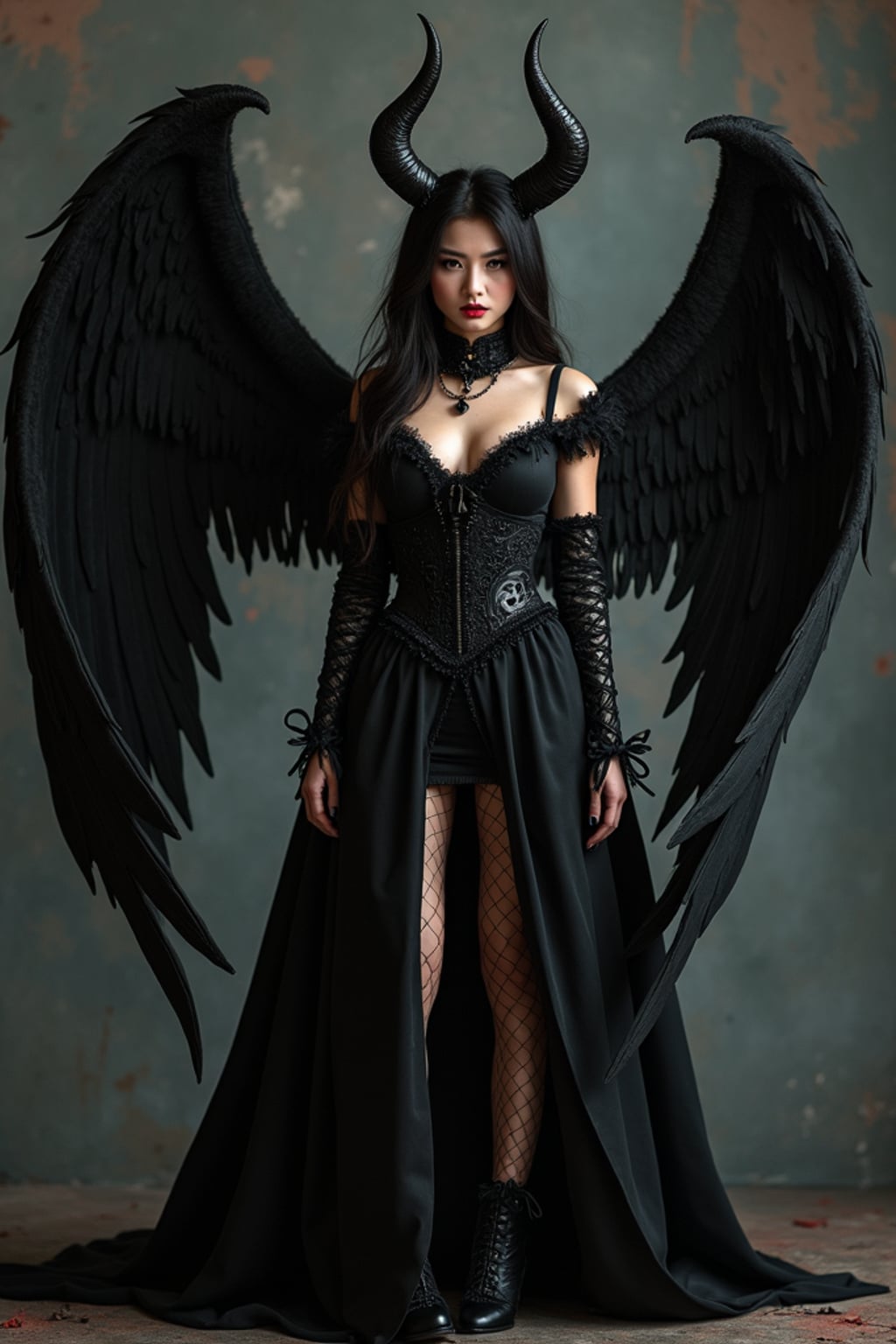 a woman dressed as an angel poses for a picture, dark angel, angel knight gothic girl, dark gothic dress, very sexy devil outfit, full body devil woman, gothic woman dressed in black and red, megan fox witch queen, raven winged female vampire, villainess has black angel wings, gothic outfit, tall female angel, gothic dress, fallen angel, winged woman angel, fishnet stockings