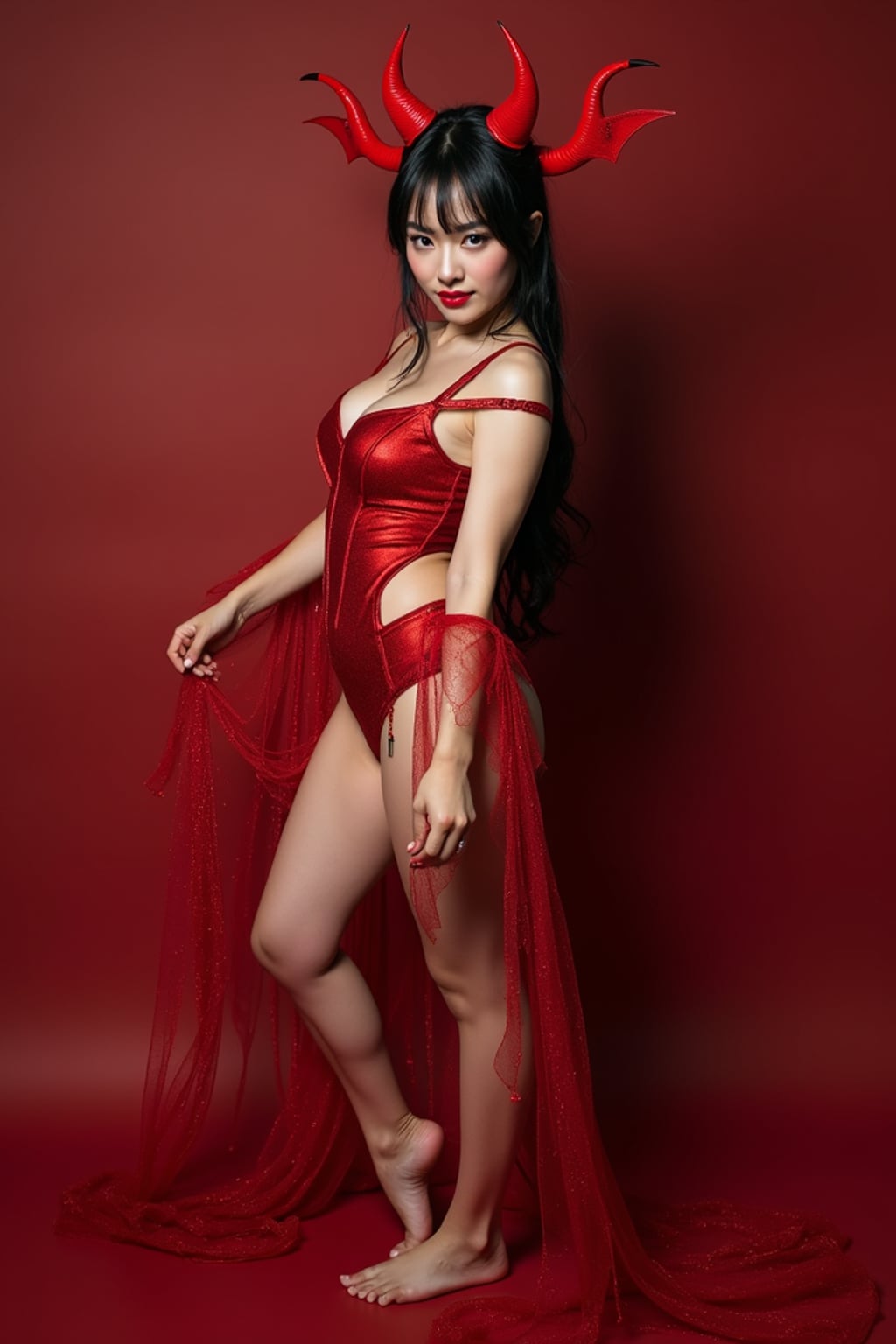 woman wearing (naughty halloween) (sexy halloween costume) red devil outfit posing for photo