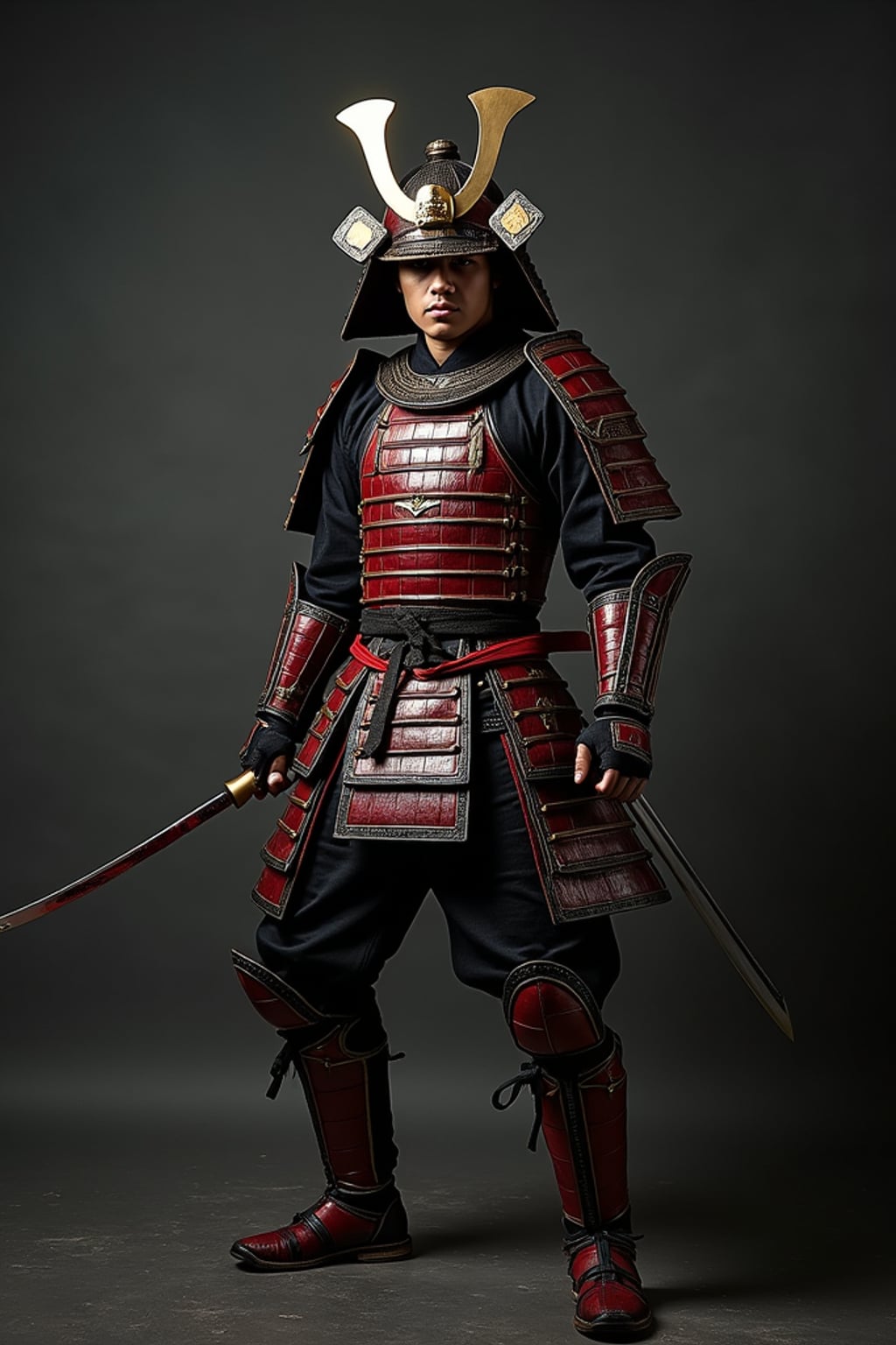 cosplayer man in a dynamic action pose, wearing  a samurai armor with intricate details, studio lights and dramatic backdrop