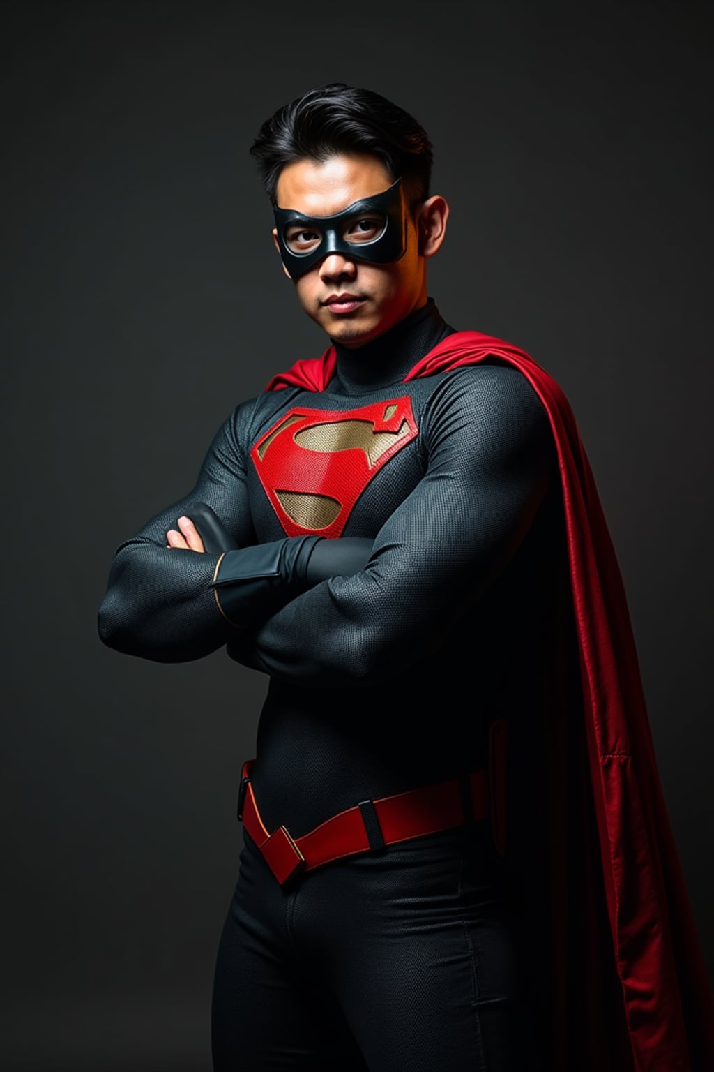 man as comic book hero, studio lights, wearing  a bold superhero suit with a mask and gloves, action pose, dramatic shadows