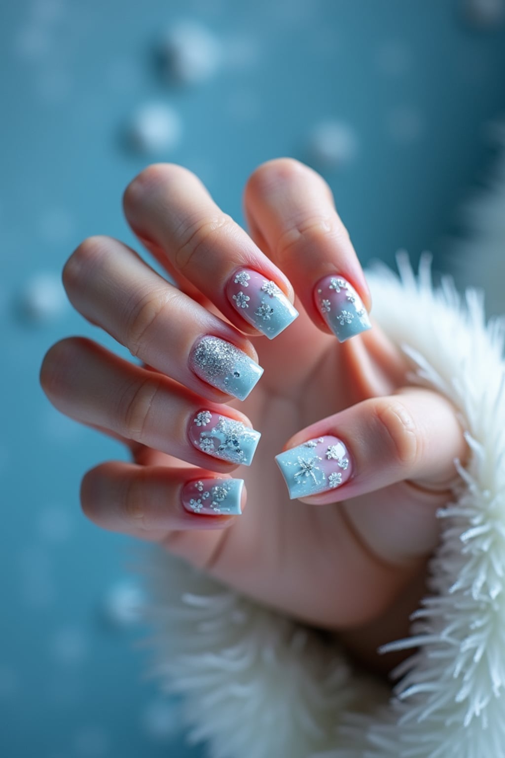 winter wonderland nails with 3D snowflakes and silver glitter, icy blue background, elegant hand posture, dramatic lighting setup