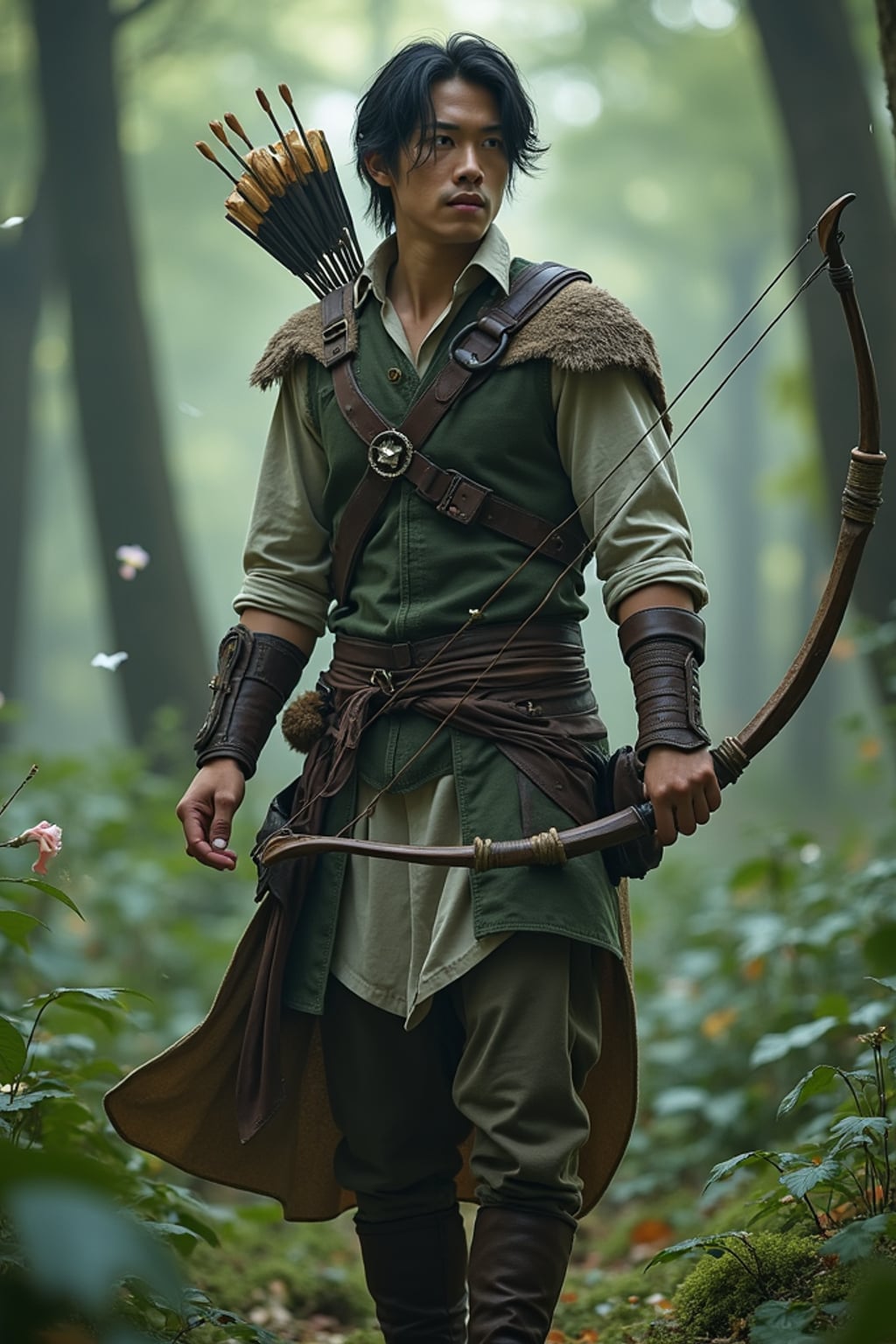 cosplayer man in a fantasy forest setting, wearing  a ranger outfit with a bow and quiver, surrounded by magical effects and greenery