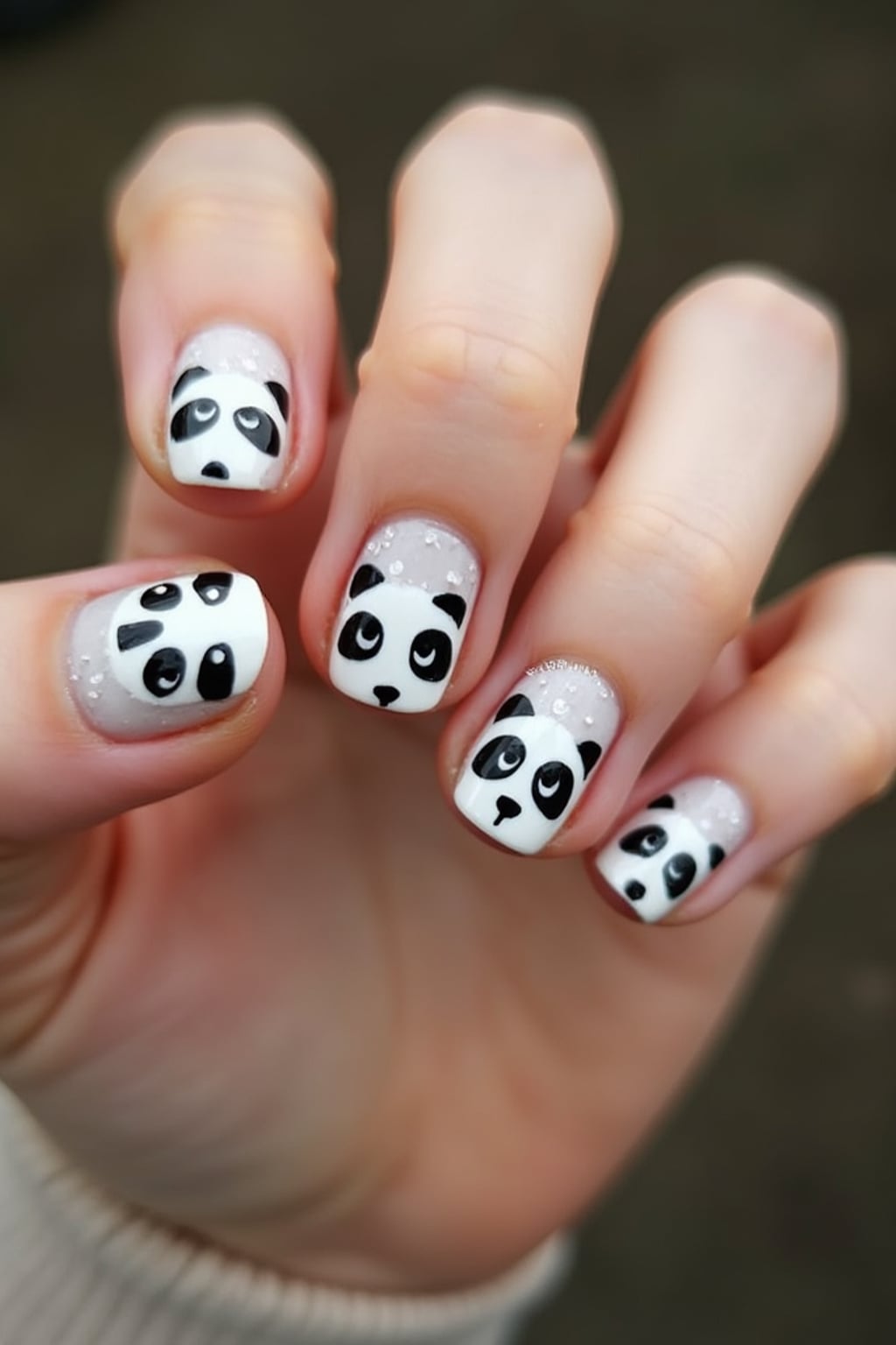 nails with cute panda bear designs, black and white with bamboo accents, playful hand pose, macro photography focus