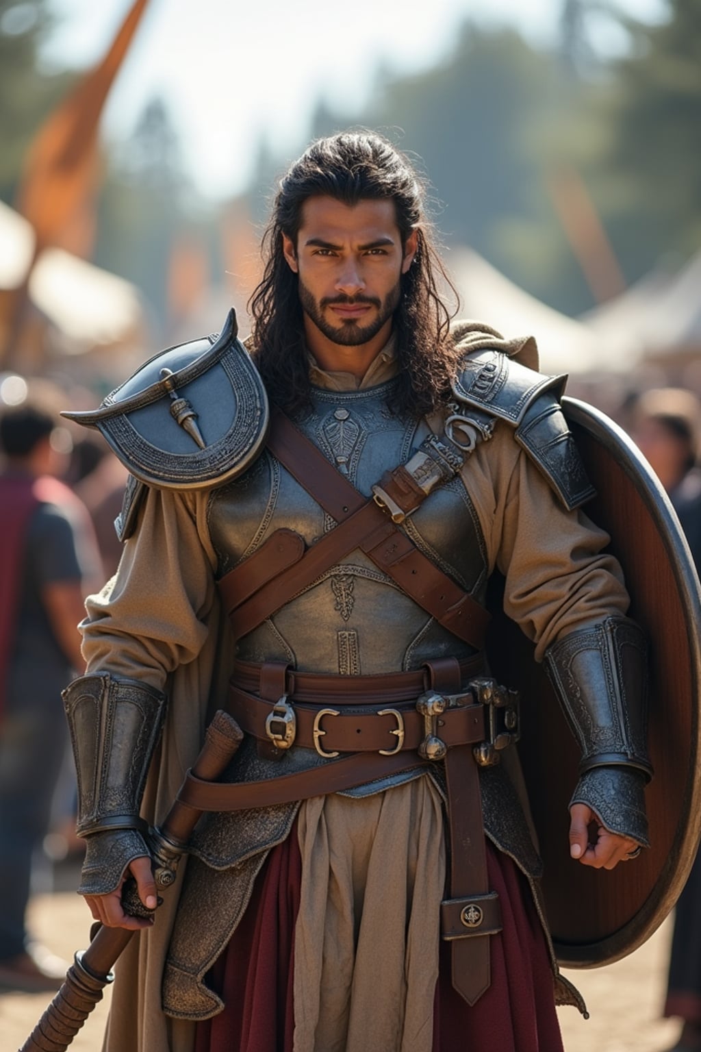 man as video game character, outdoors at a convention building, wearing  a fantasy warrior outfit with a large shield and sword, interacting with a crowd