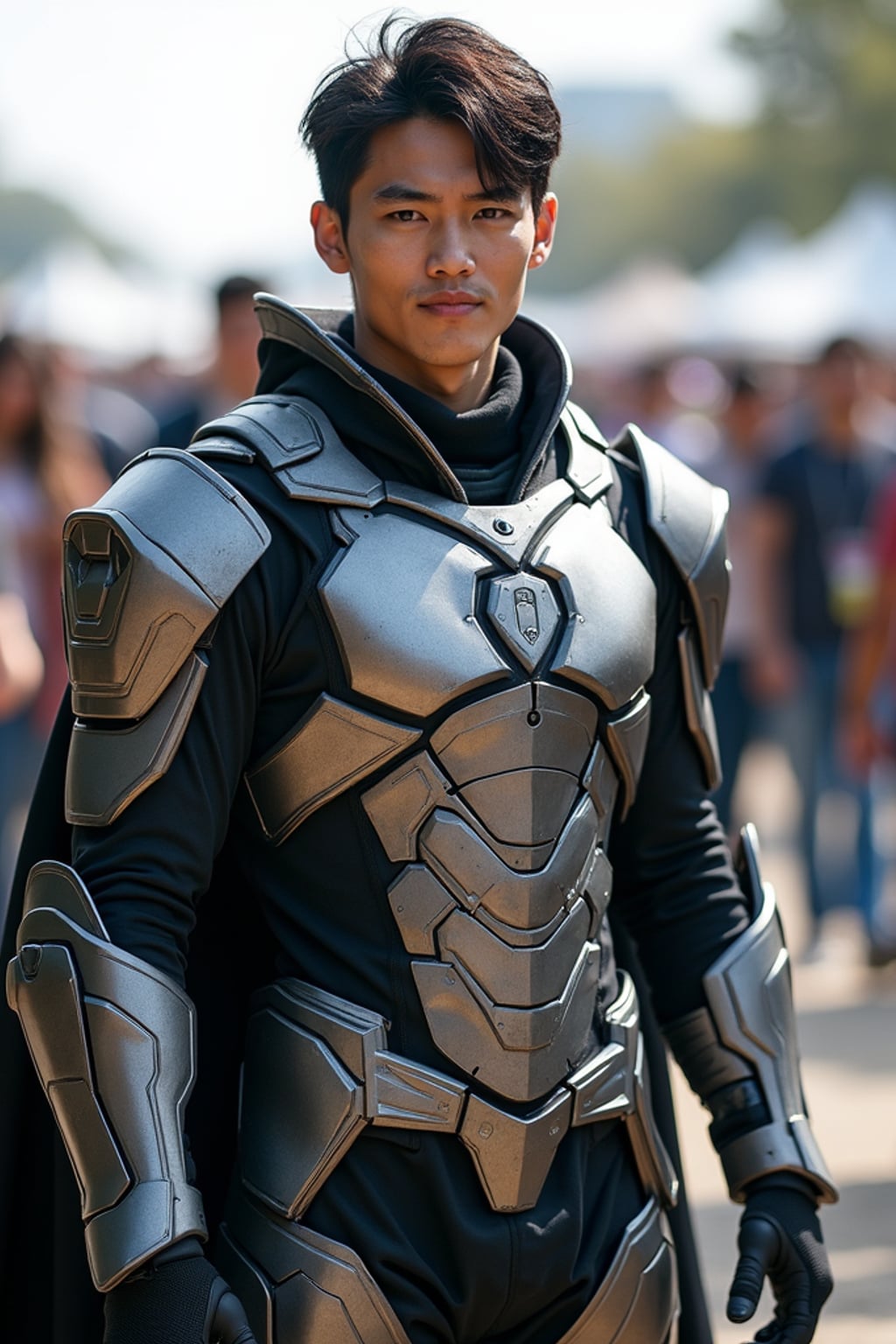 man as cosplayer at an outdoor convention, wearing  a futuristic armored suit, vibrant cosplay atmosphere, surrounded by fans and cosplayers, dynamic poses