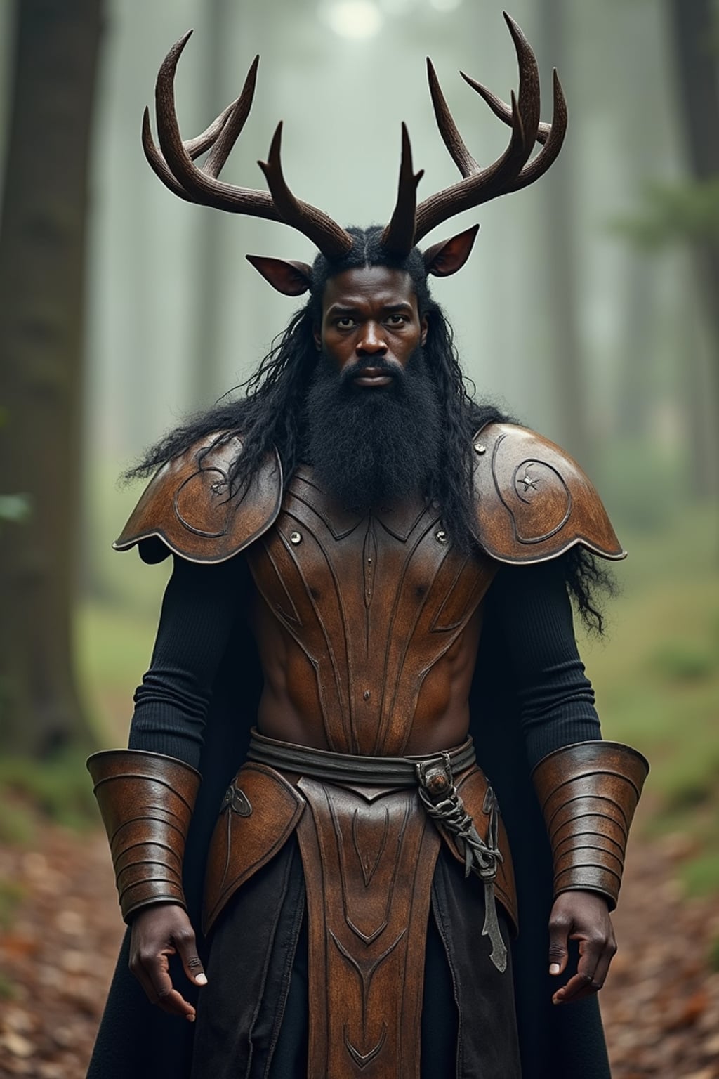 man as a mythical creature, outdoors in a mystical setting, wearing  a forest guardian costume with wooden armor and antlers, magical atmosphere