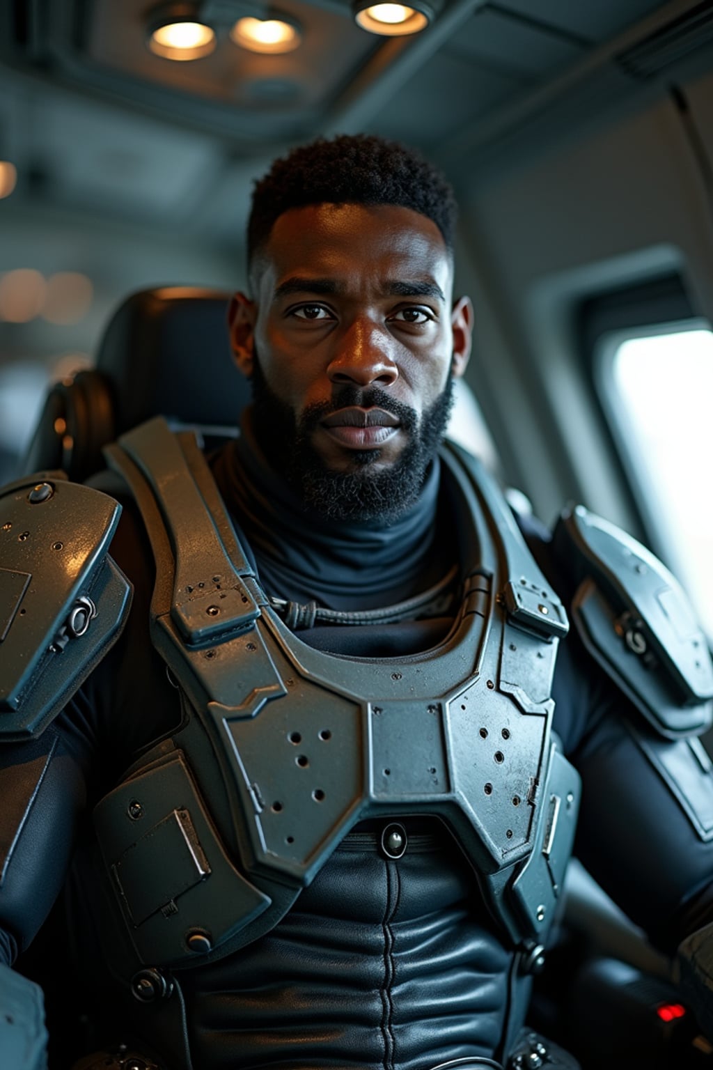 man as a mech pilot, studio setting, wearing  a rugged tactical suit with armor plates, dramatic lighting, cockpit background