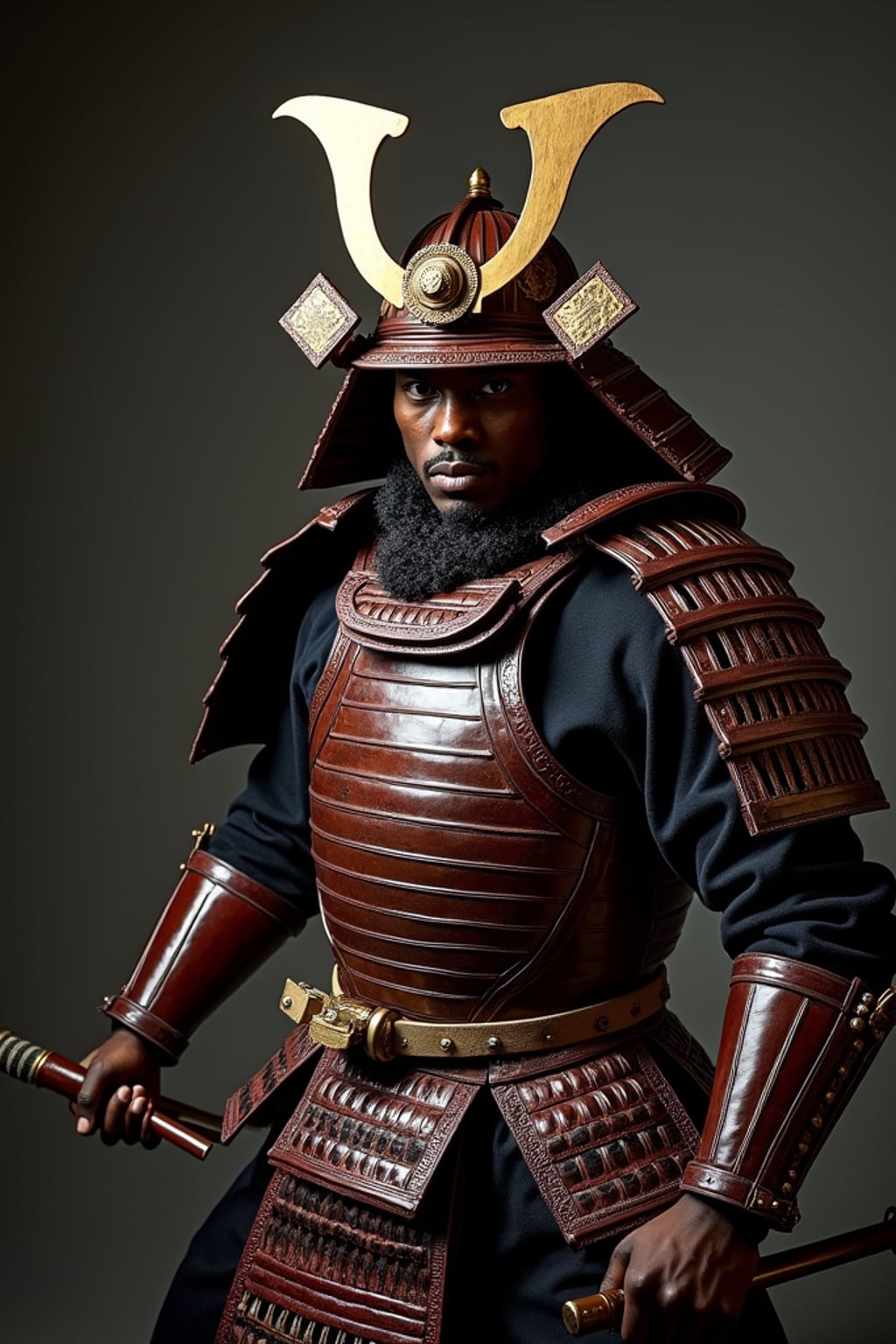 cosplayer man in a dynamic action pose, wearing  a samurai armor with intricate details, studio lights and dramatic backdrop