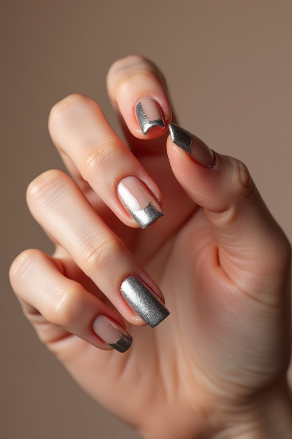 studio shot of chrome glazed donut nails with glossy reflections, hand posed elegantly, modern beauty lighting, high-shine texture visible, magazine-style presentation