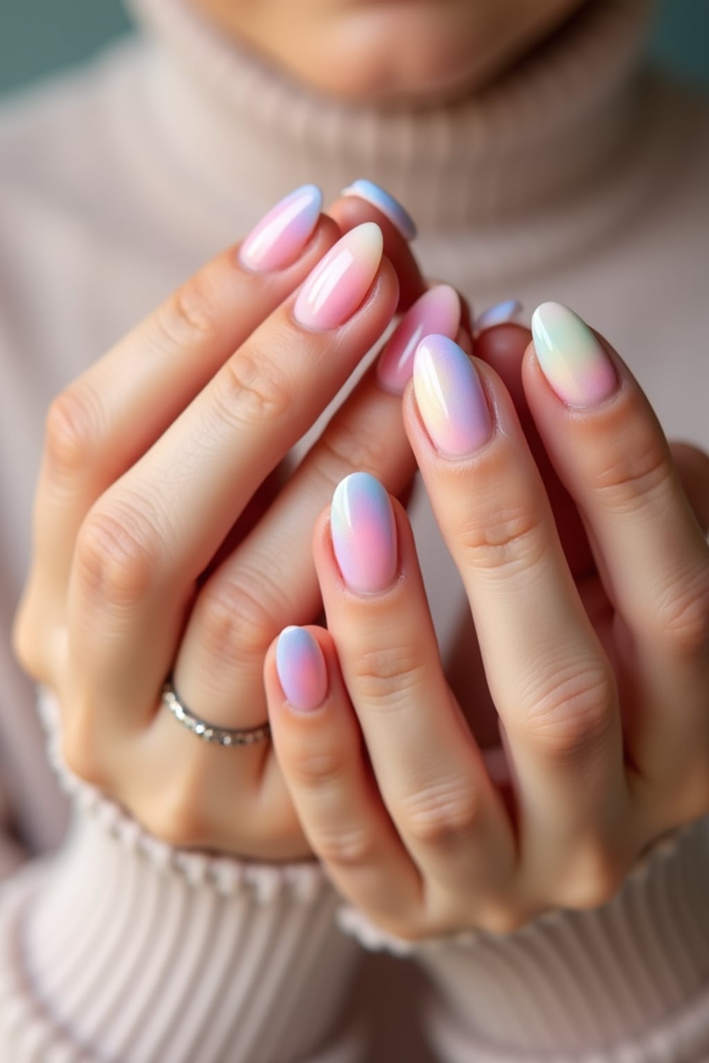 close-up photo of pastel rainbow french tip nails, hands posed gracefully, soft lighting, minimal background, professional beauty photo, high detail, perfect for salon marketing
