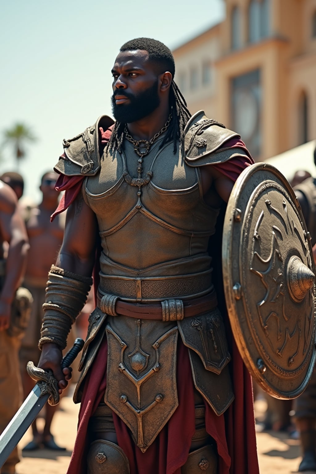 man as video game character, outdoors at a convention building, wearing  a fantasy warrior outfit with a large shield and sword, interacting with a crowd