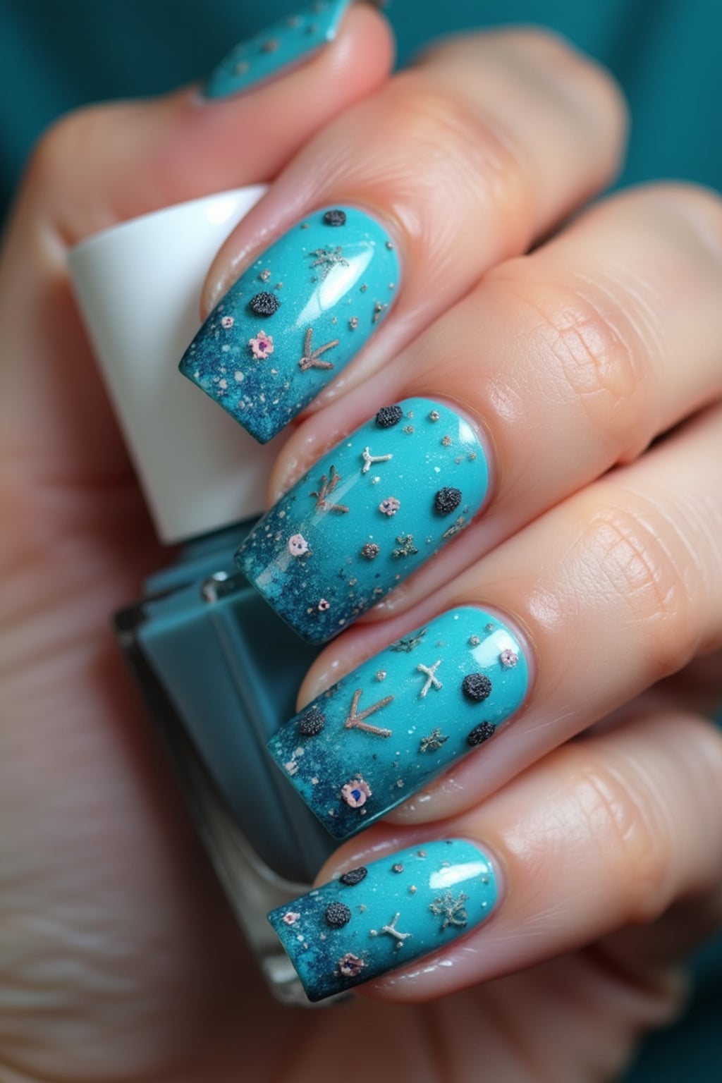nails with underwater ocean scene featuring tiny sea creatures, vibrant blue ombré background, trendy and bold hand styling