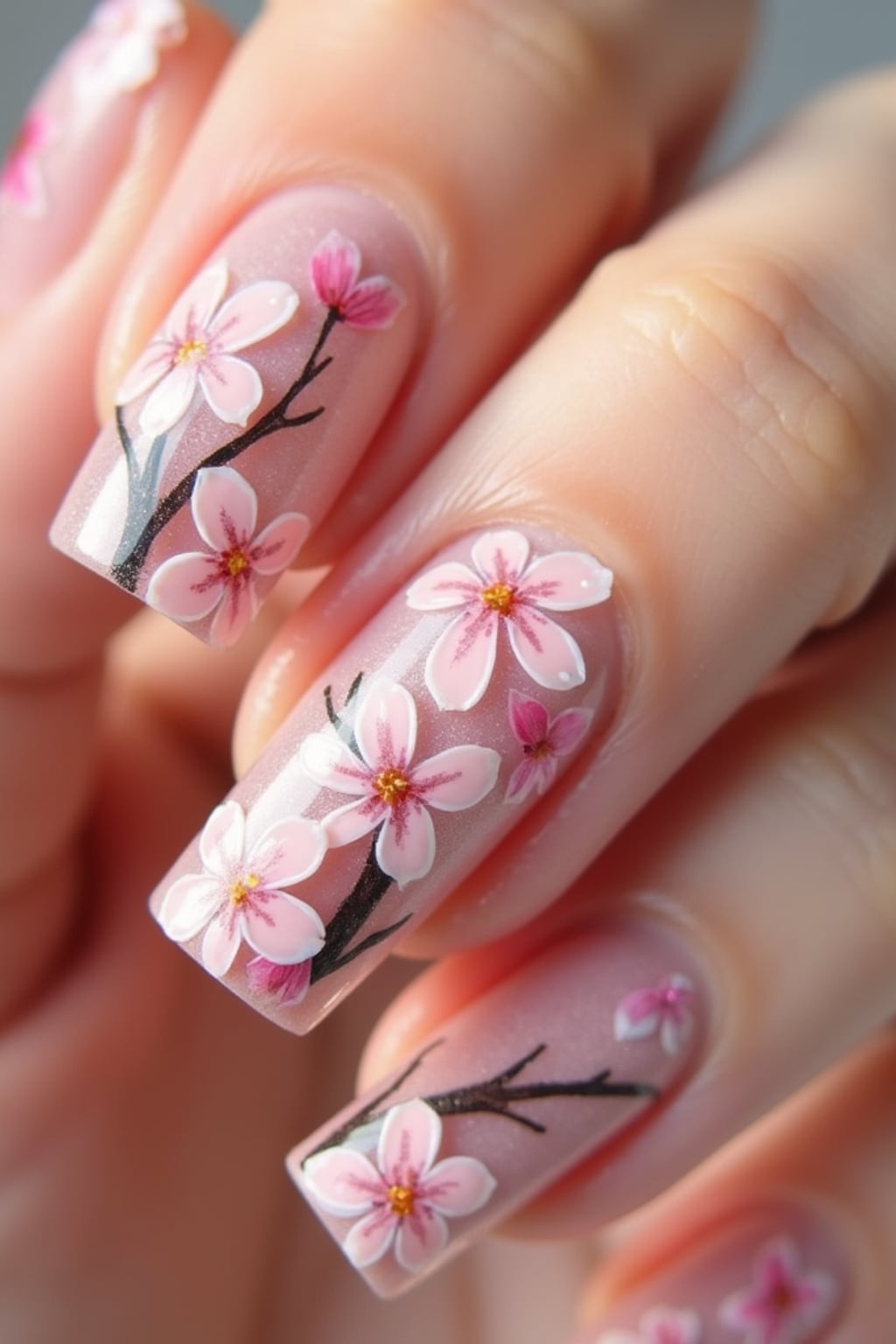 cherry blossom themed nails with delicate pink flowers, spring-inspired design, soft natural lighting, close-up on intricate details