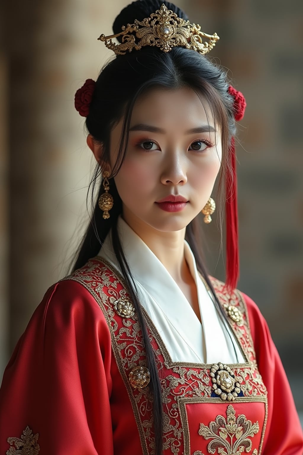 woman as a historical character, castle backdrop, wearing a medieval princess gown with intricate embroidery , posing regally