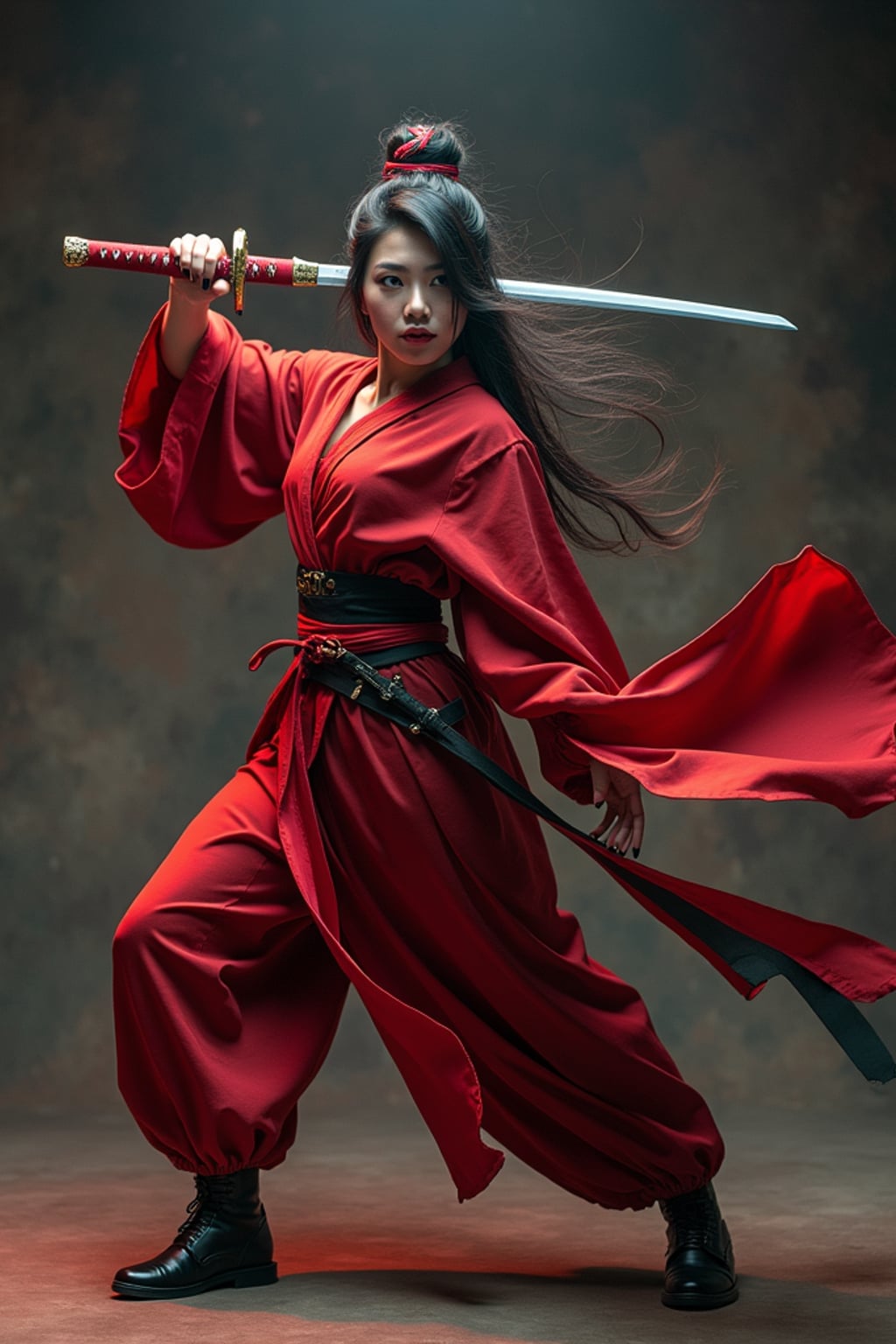 cosplayer woman in a dynamic action pose, wearing a ninja outfit with a katana and flowing sash , studio lights and dramatic backdrop