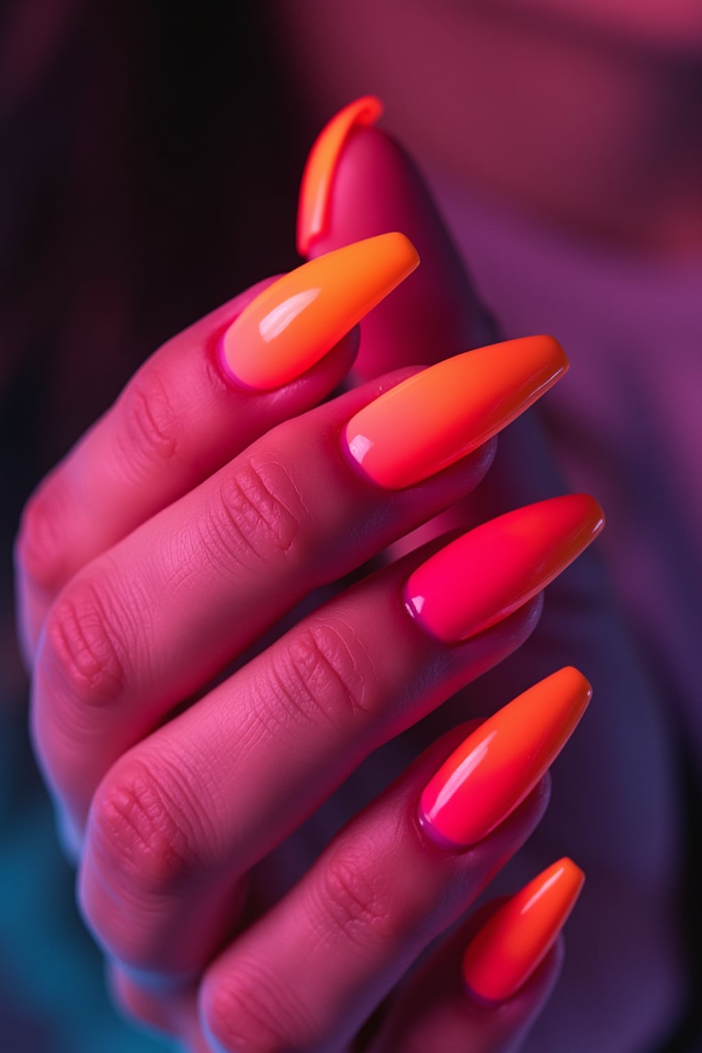 neon ombré coffin nails, vibrant color gradient, high saturation studio lighting, trendy and bold hand styling, beauty editorial quality