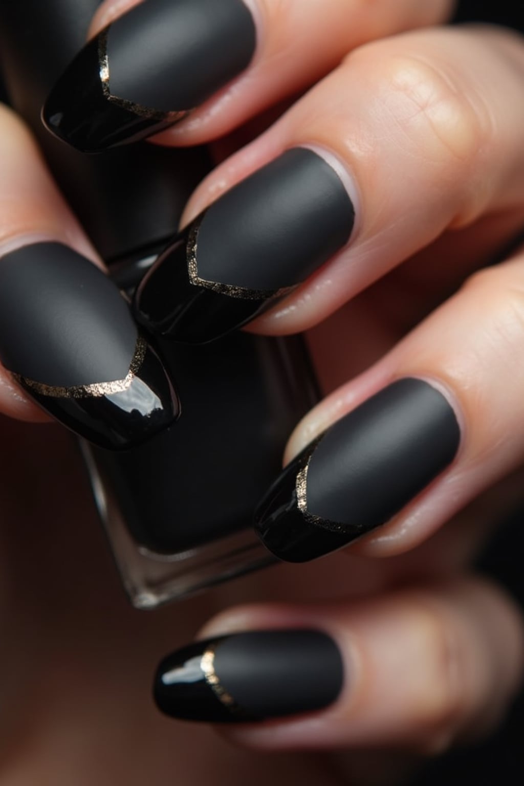 black matte nails with glossy tips, dramatic close-up with contrast lighting, edgy modern styling, professional manicure display