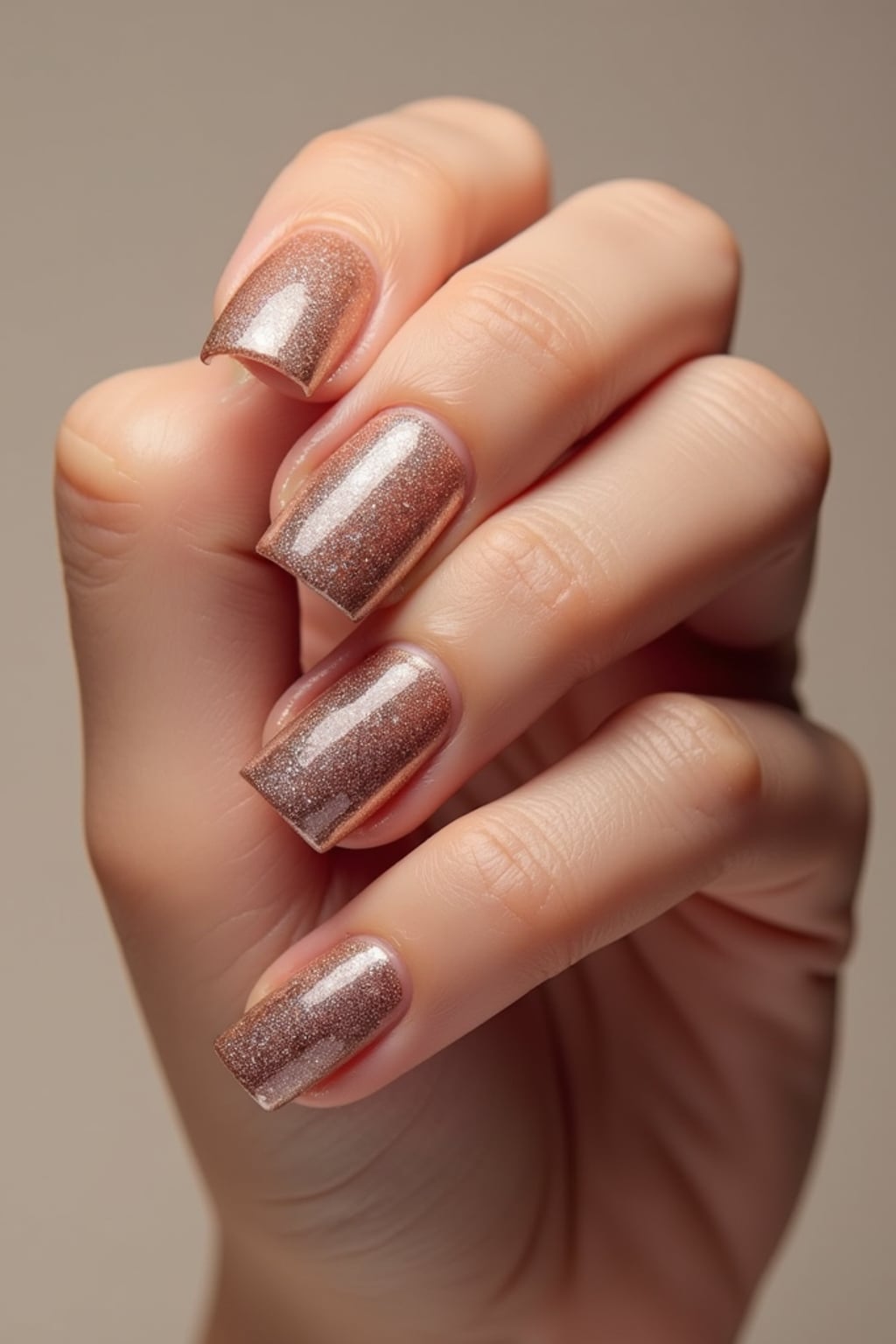 studio shot of chrome glazed donut nails with glossy reflections, hand posed elegantly, modern beauty lighting, high-shine texture visible, magazine-style presentation