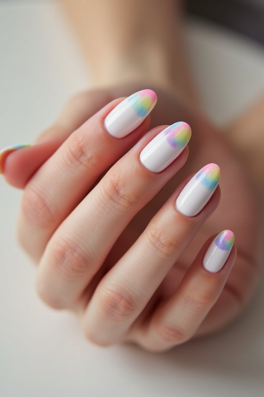 close-up photo of pastel rainbow french tip nails, hands posed gracefully, soft lighting, minimal background, professional beauty photo, high detail, perfect for salon marketing